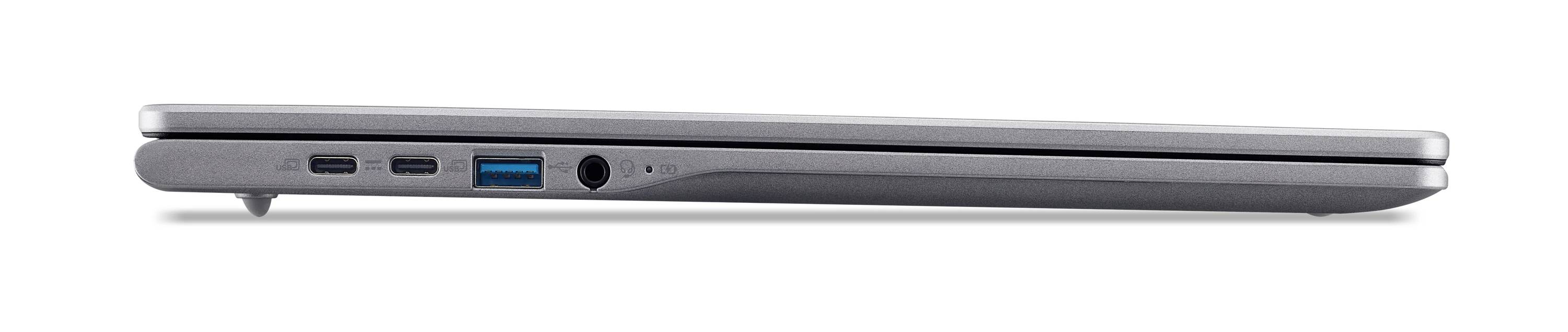 Seitenansicht eines silbernen Laptops mit den Anschlüssen auf der linken Seite, einschließlich USB, HDMI, Kopfhörerbuchse und Lüftungsöffnungen.