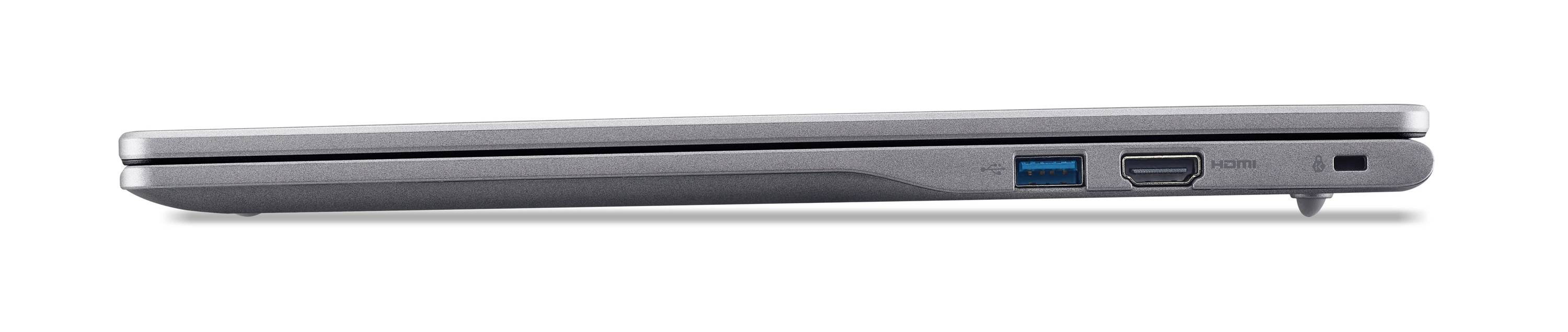 Seitenansicht eines geschlossenen silbernen Laptops mit zwei sichtbaren Anschlüssen an der rechten Kante.