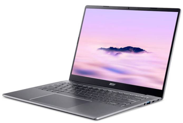 Acer-Laptop im Winkel geöffnet, mit einer Pastellberg- und Wolken-Tapete auf dem Bildschirm.