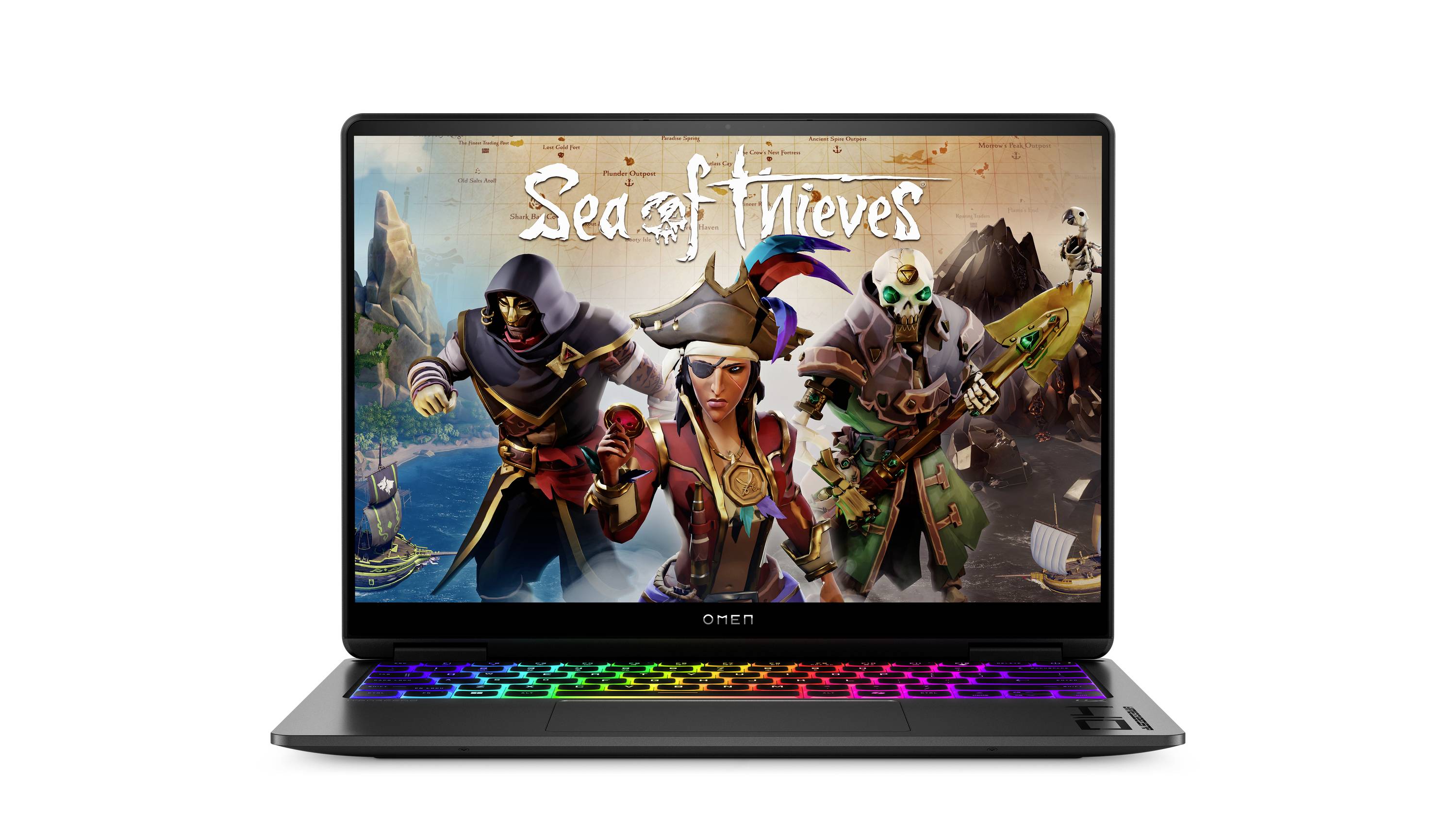Gaming-Laptop zeigt Sea of Thieves mit drei Piratenfiguren auf dem Bildschirm, was auf eine Spielförderung oder ein Gameplay-Bild hindeutet.
