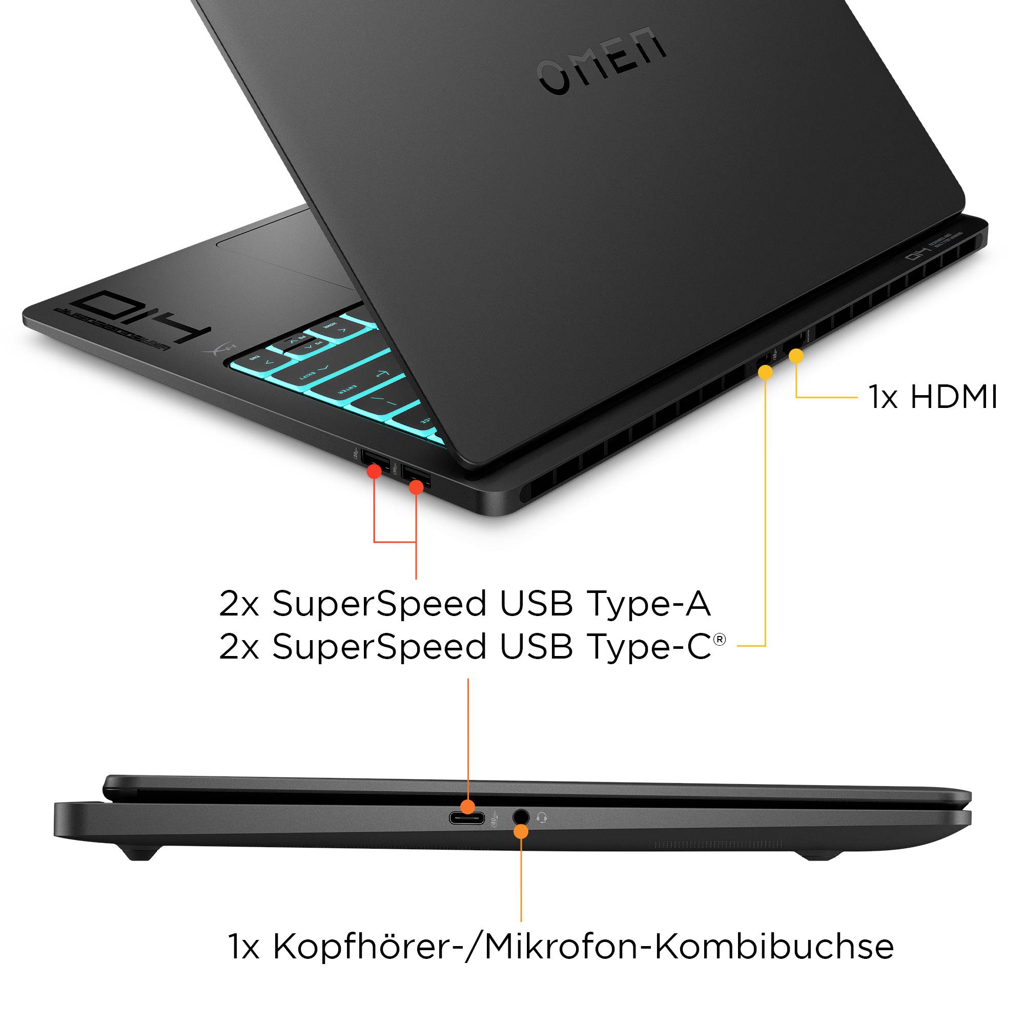 Schwarzer Laptop in offener Ansicht und Seitenansichten, die die Anschlüsse hervorheben: 2 SuperSpeed USB Typ-A, 2 SuperSpeed USB Typ-C, 1 HDMI und 1 Kopfhörer-/Mikrofonkombobuchse.