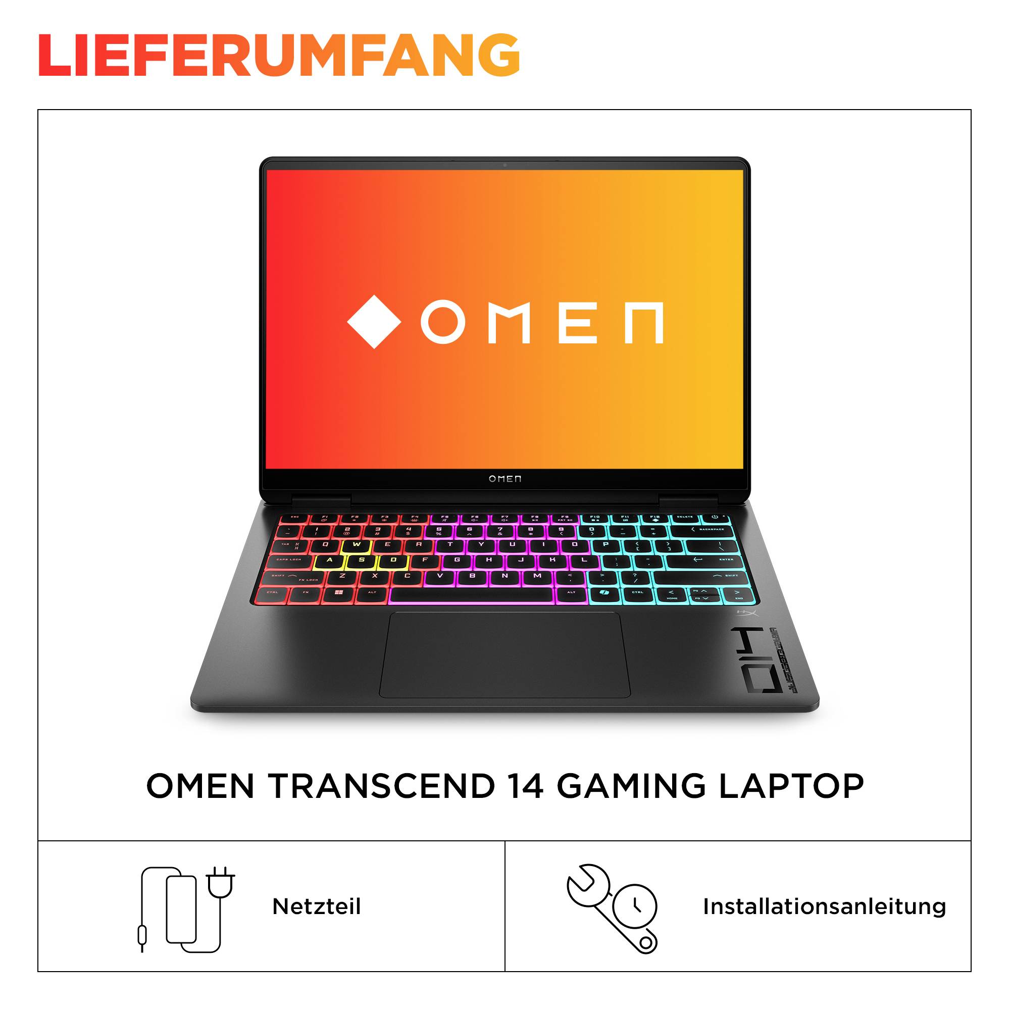 Werbebild eines OMEN Transcend 14 Gaming-Laptops mit RGB-Tastatur, sowie Symbole für Netzteil und Installationsanleitung.