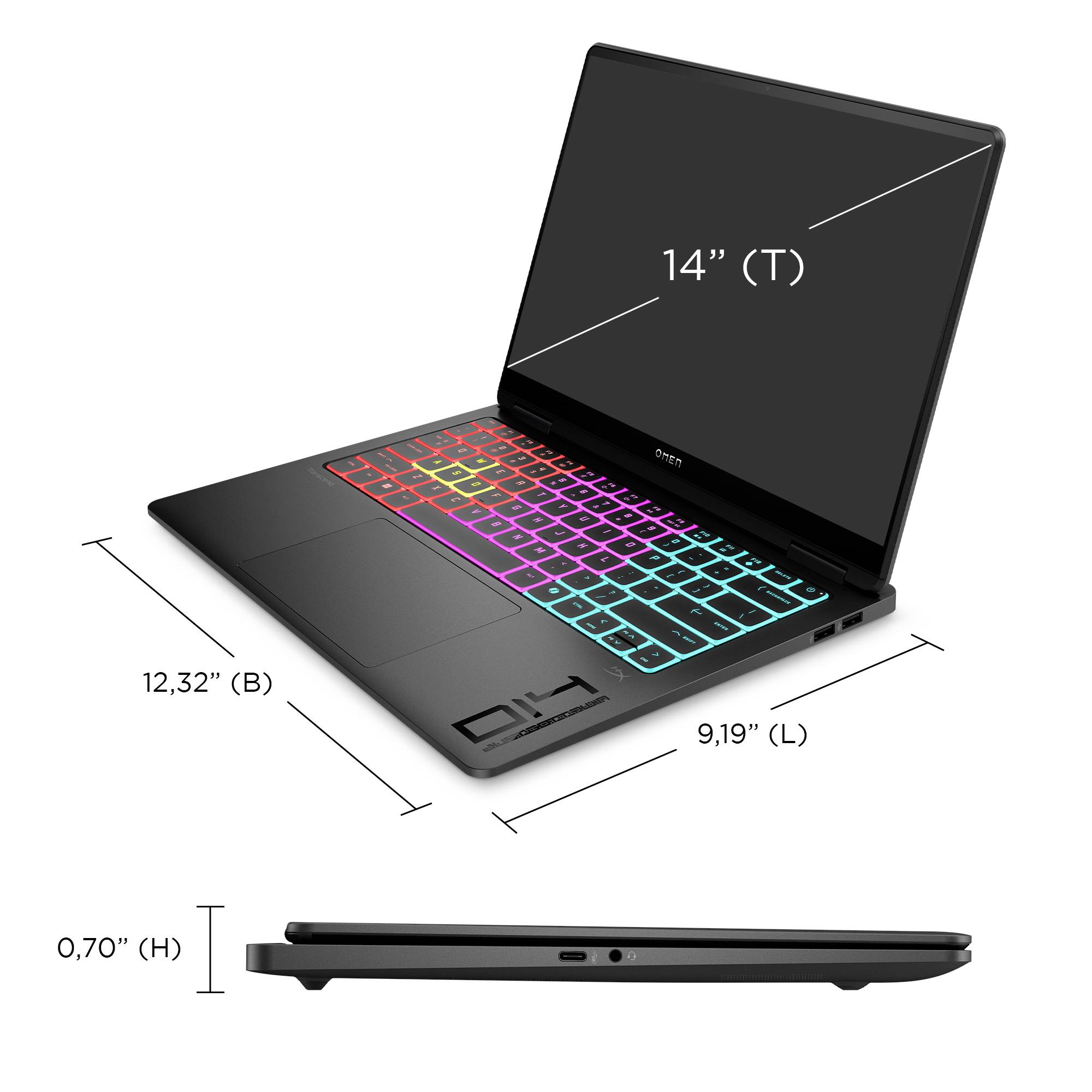 Laptop-Produktabbildung mit Abmessungen: 14-Zoll-Bildschirm, 12,32 Zoll Tiefe, 9,19 Zoll Breite und 0,70 Zoll Höhe, mit RGB-beleuchteter Tastatur.