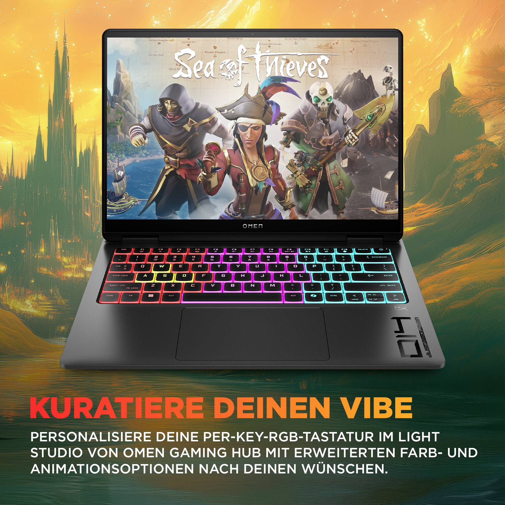 Ein Gaming-Laptop zeigt Sea of Thieves an, mit einer regenbogenfarbig beleuchteten mechanischen RGB-Tastatur mit Tastenbeleuchtung und deutschem Werbetexten, die die anpassbaren OMEN-Beleuchtungseffekte bewerben.