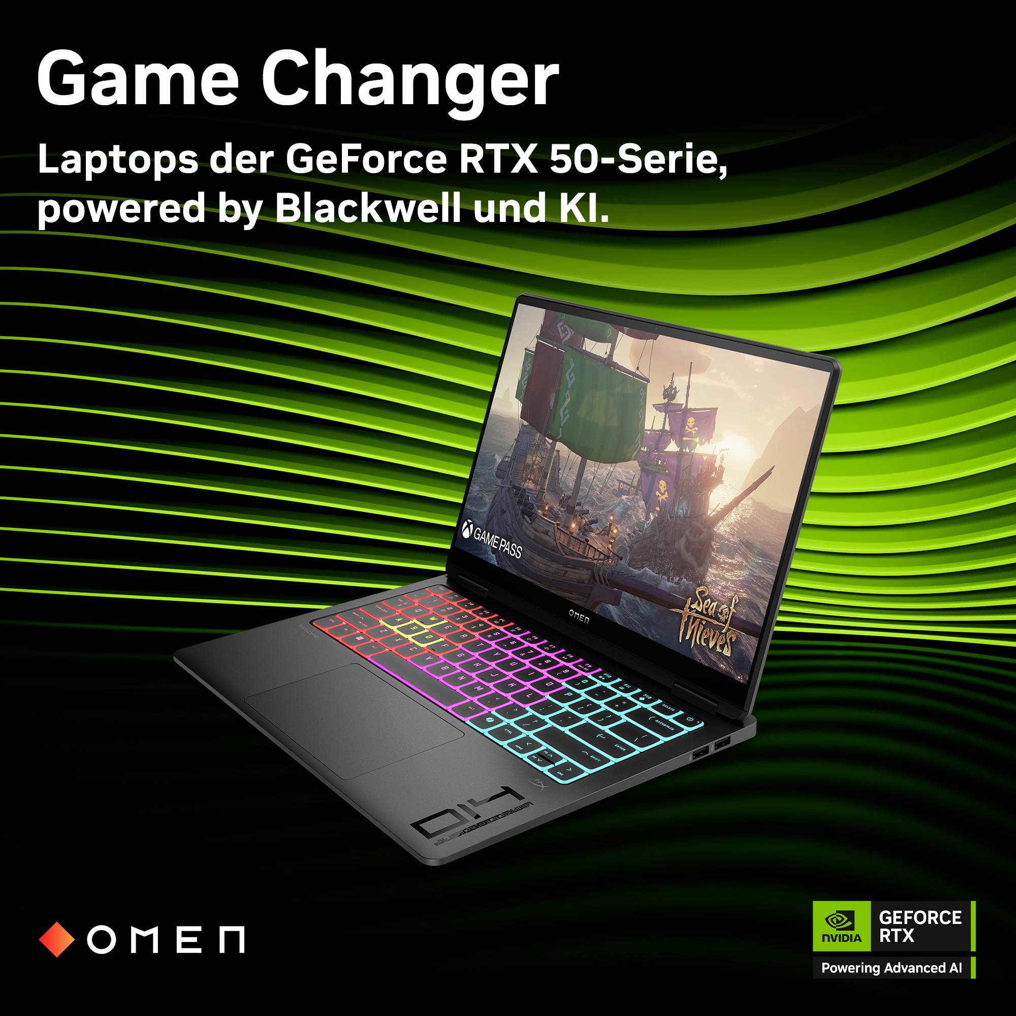 Werbegrafik für einen OMEN-Laptop mit GeForce RTX 50 Serie, der einen Gaming-Laptop mit farbig hinterleuchtet Tastatur zeigt und den Text „Game Changer" und „powered by Blackwell and AI" enthält.