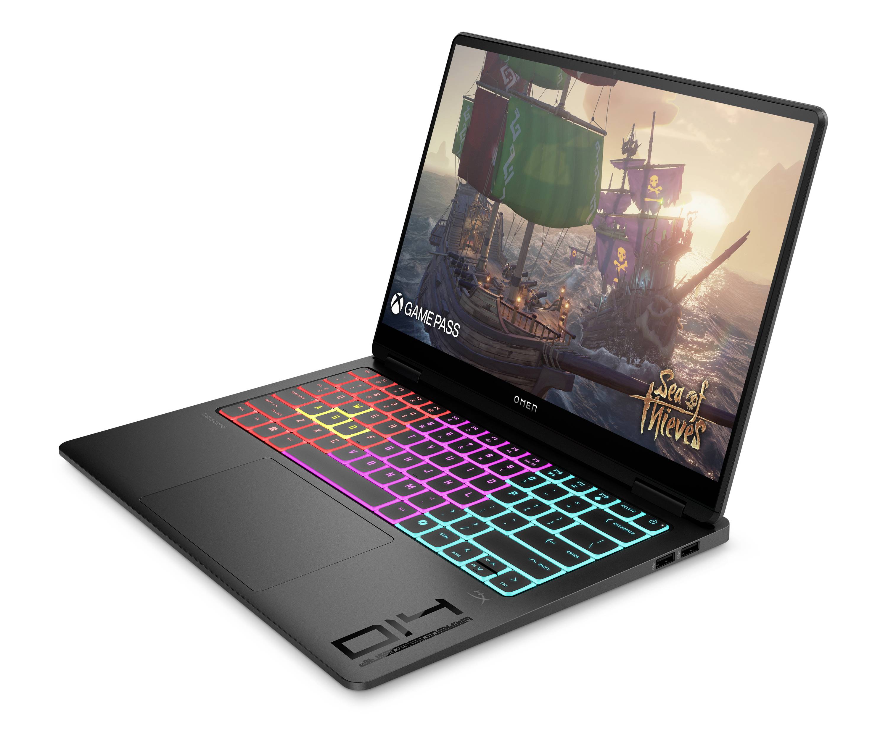 Schwarzer Dell Gaming-Laptop mit regenbogenfarbig hinterleuchter Tastatur, auf dem Bildschirm wird Sea of Thieves-Gameplay angezeigt.