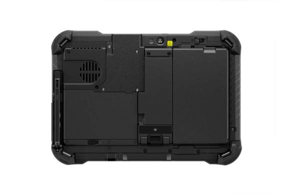 Rückansicht eines robusten Tablets mit schützenden Gummiecken und abnehmbaren Batteriefächern.