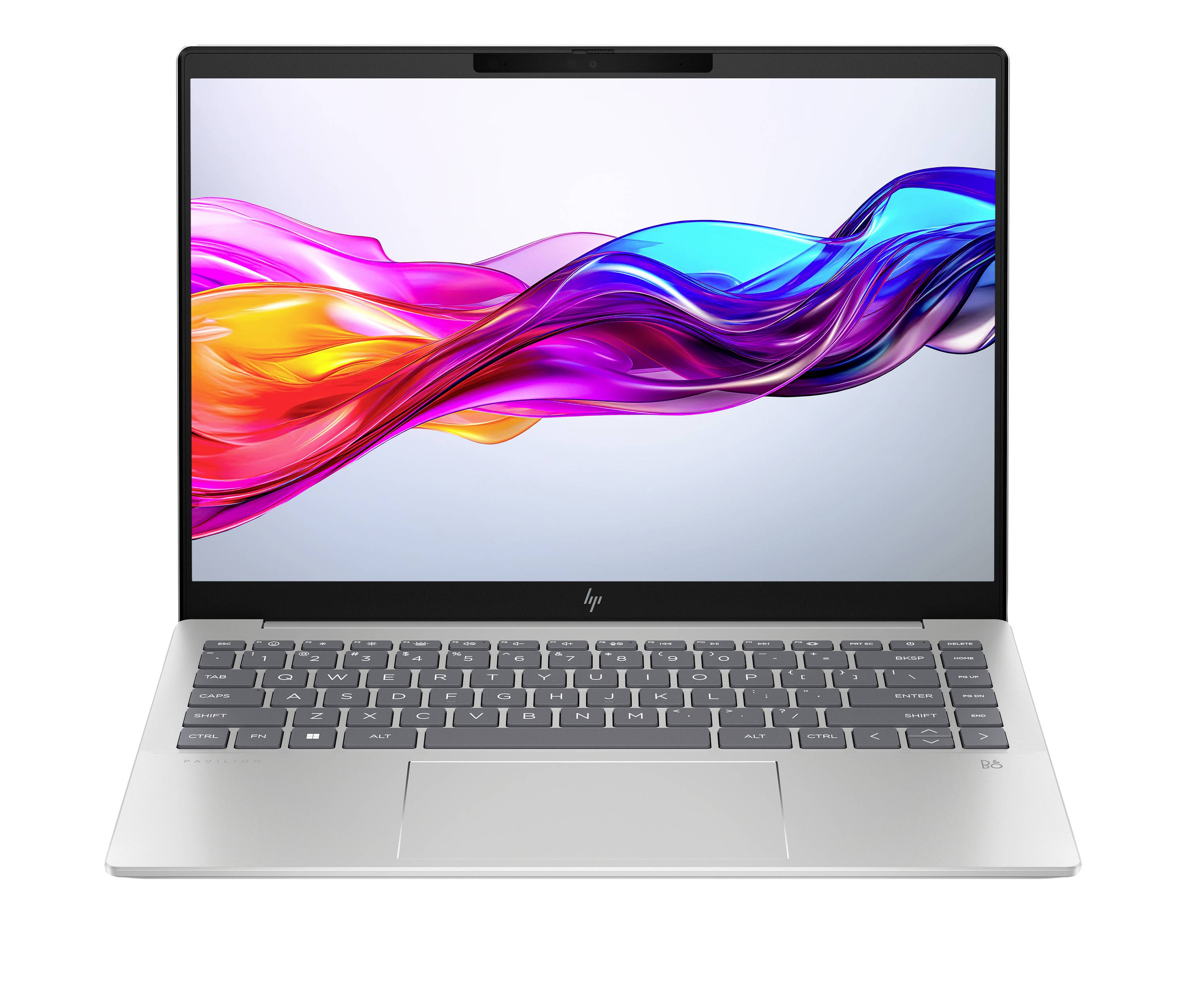 Vorderansicht eines silbernen Laptops mit einer farbenfrohen abstrakten Welle auf dem Bildschirm.