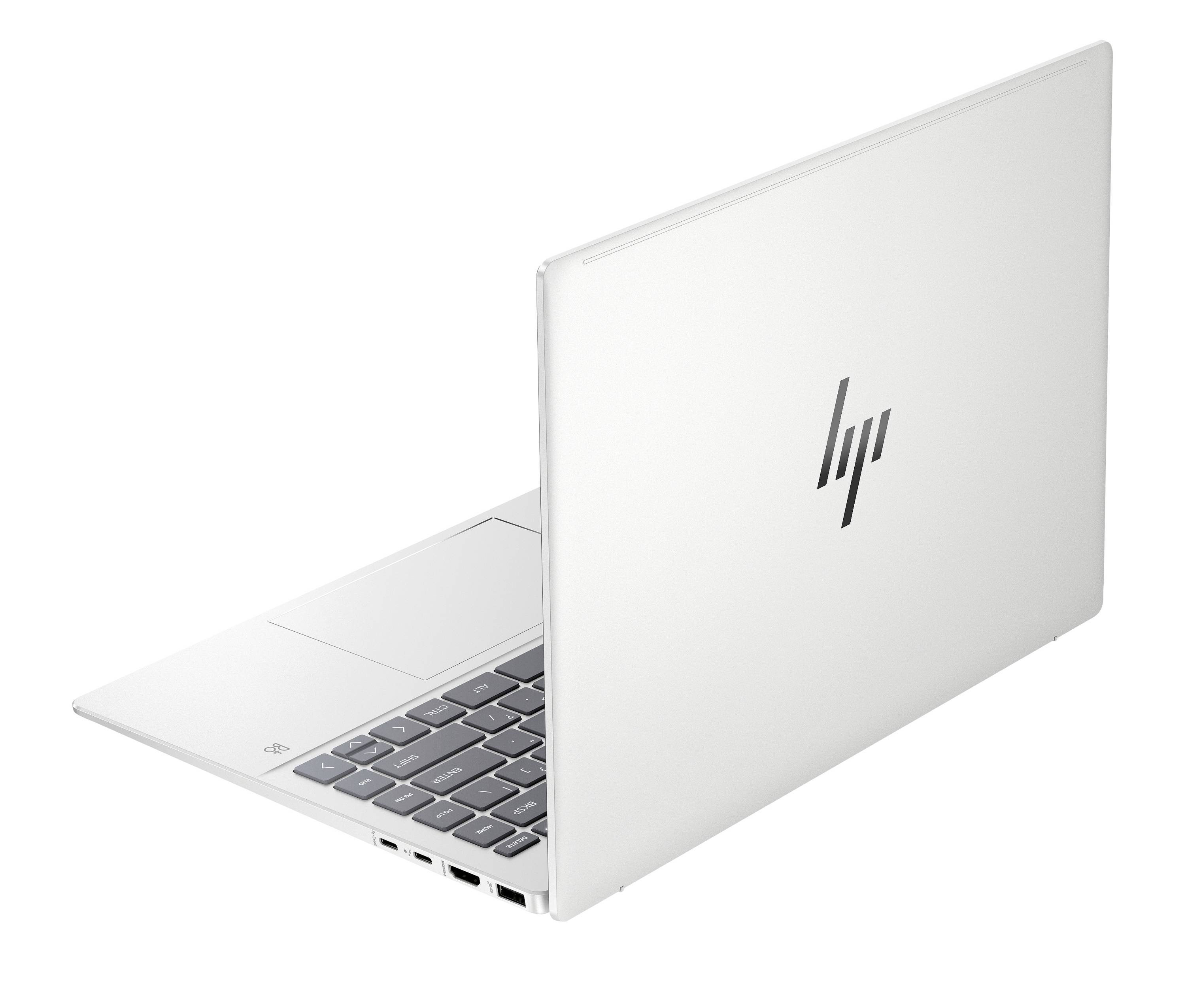 Silberner HP-Laptop, der in einem Winkel aufgeklappt gezeigt wird, mit sichtbarer Tastatur und HP-Logo auf dem Deckel.
