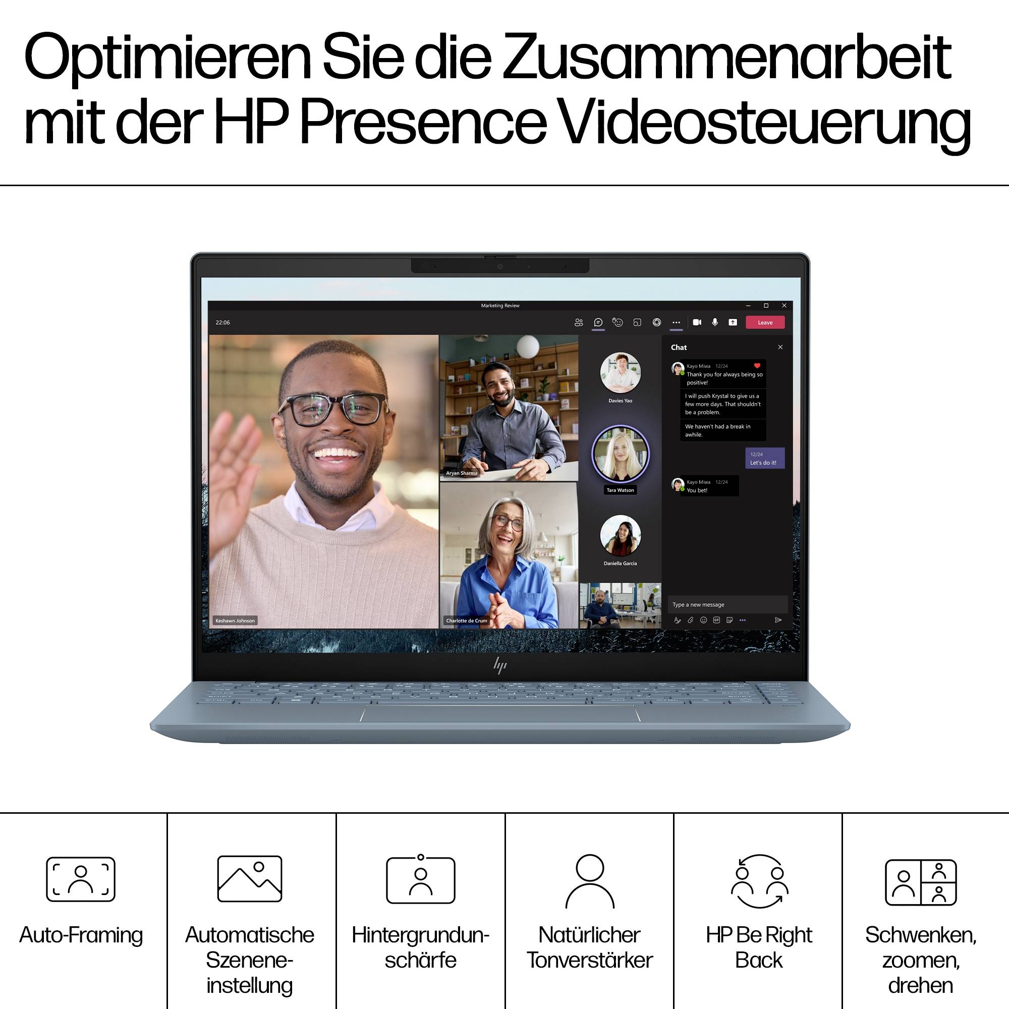 HP Presence Video Control auf einem Laptop mit Videokonferenz-Teilnehmern; darunter Funktionen wie automatische Bildeinrahmung, automatische Szenenerkennung, Hintergrundunschärfe, natürlicher Tonverstärker, HP Be Right Back und Schwenken/Zoomen.