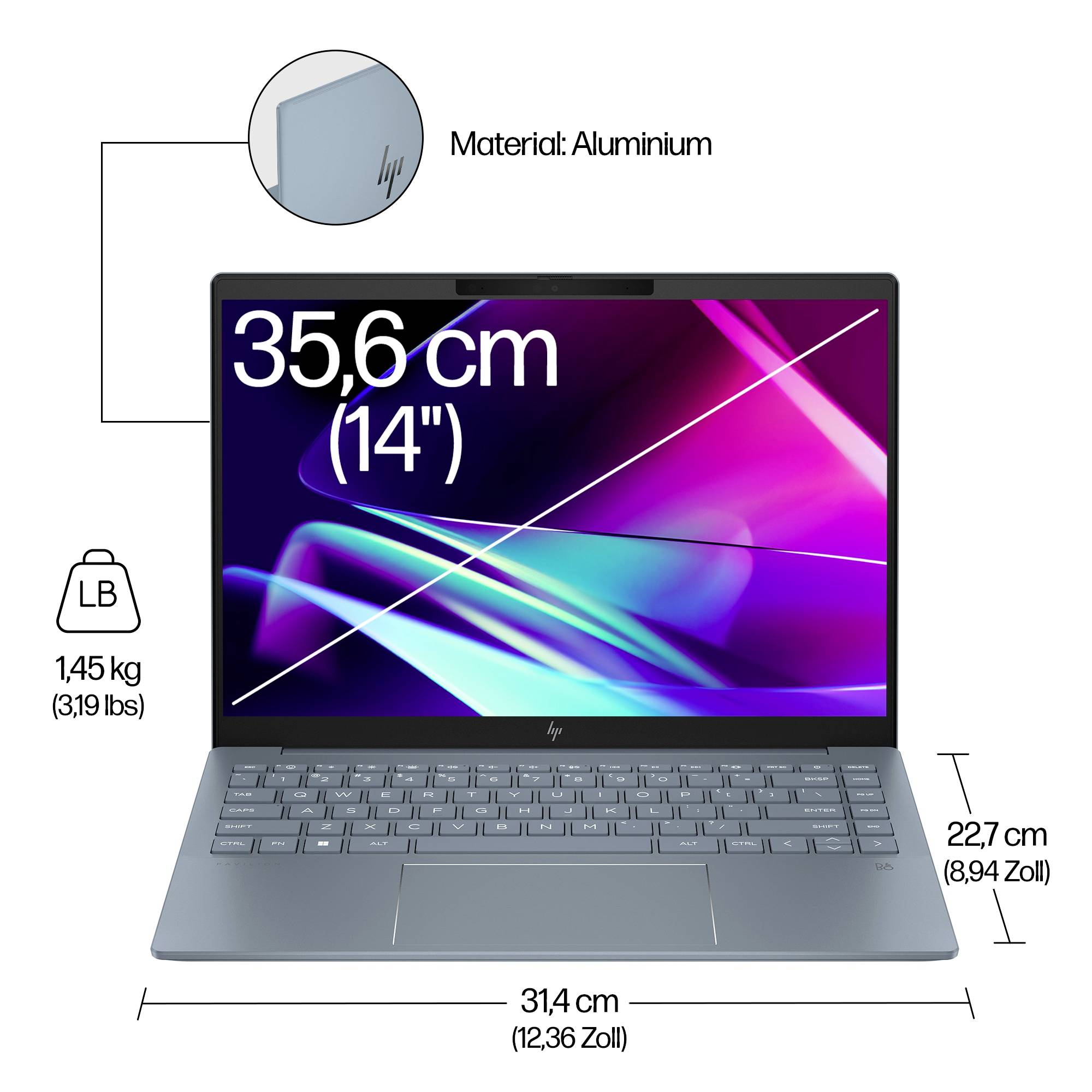 Laptop-Produktbild mit einem 35,6 cm (14-Zoll) HP-Notebook aus Aluminium mit den Abmessungen 31,4 cm Breite, 22,7 cm Tiefe und einem Gewicht von 1,45 kg.