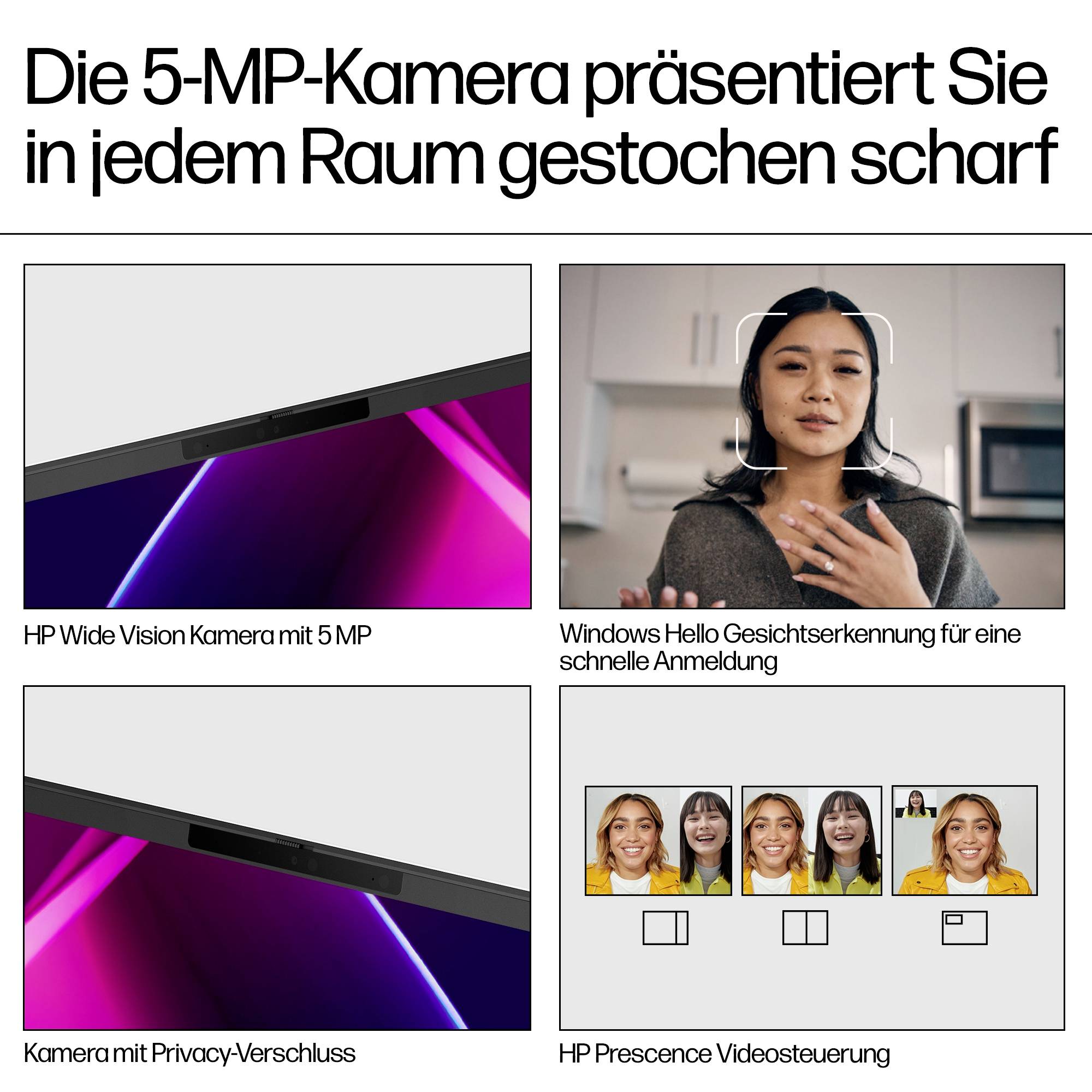 Deutscher Produktanzeige für einen Laptop: '5-MP-Kamera' in jedem Raum, mit HP Wide Vision-Kamera, Windows Hello-Gesichtserkennung, Datenschutzblende und HP Presence-Videokontrollen.