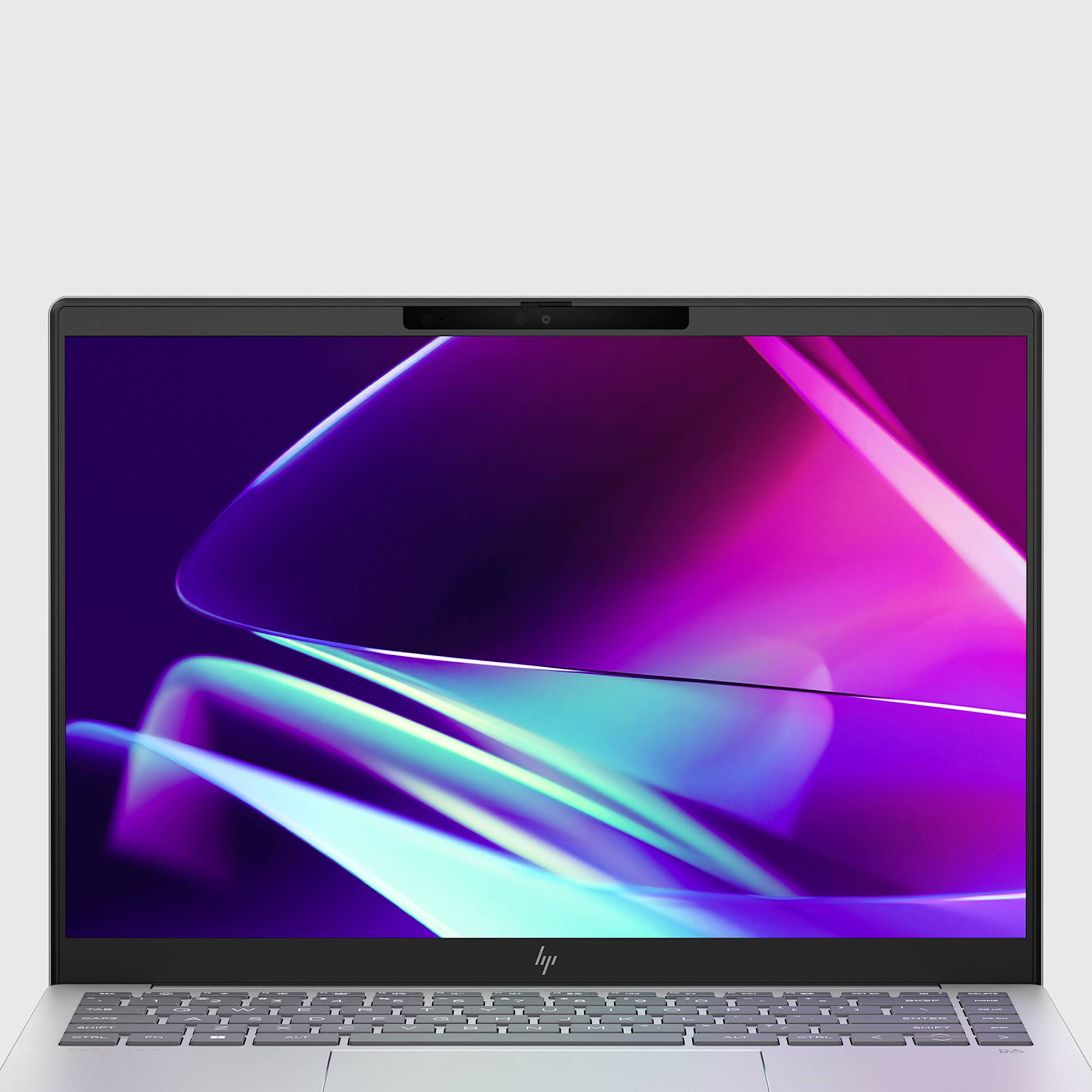 Offener Laptop mit violettem und cyan-farbenem abstraktem Hintergrundbild auf dem Bildschirm, frontal betrachtet mit sichtbarer Tastatur.