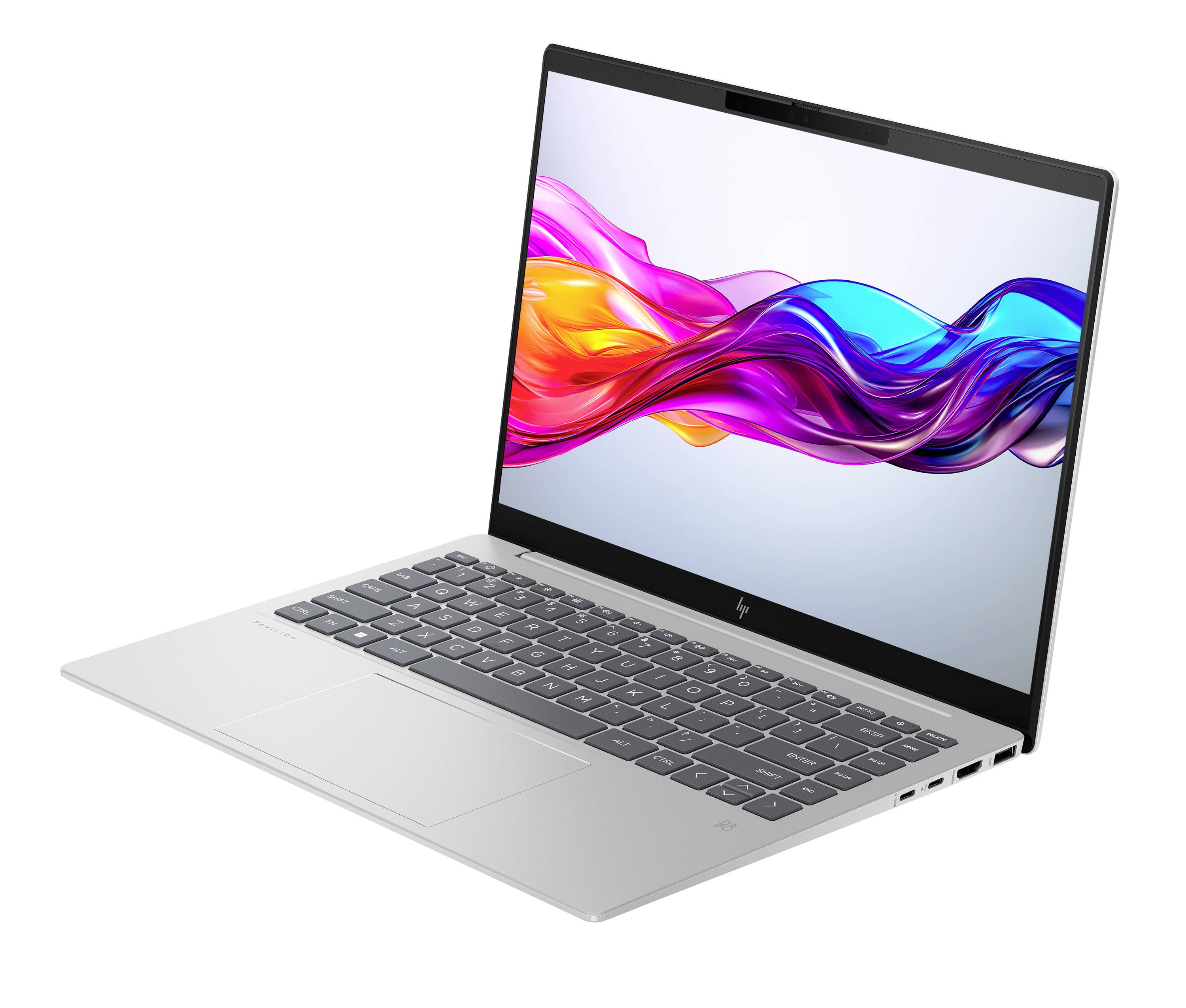 Silberner Laptop mit Bildschirm, auf dem ein farbenfrohe fließende Wellentapete auf weißem Hintergrund angezeigt wird.