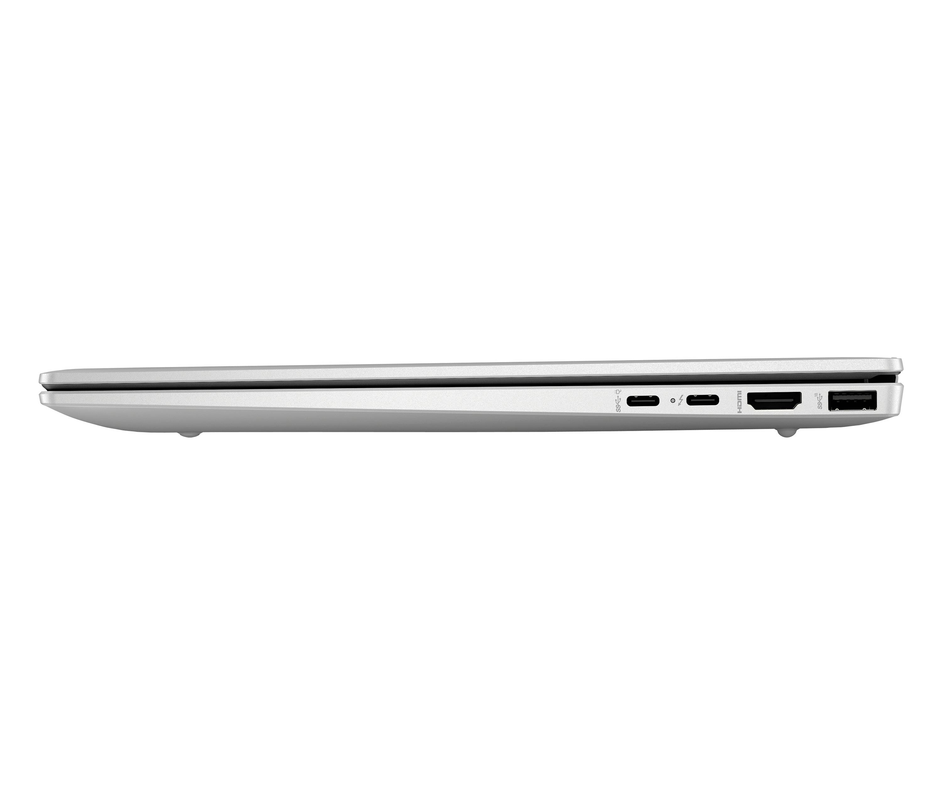 Seitenansicht eines geschlossenen silbernen Laptops, die sein schlankes Profil und die Anschlüsse an der Seite zeigt, einschließlich USB und HDMI.