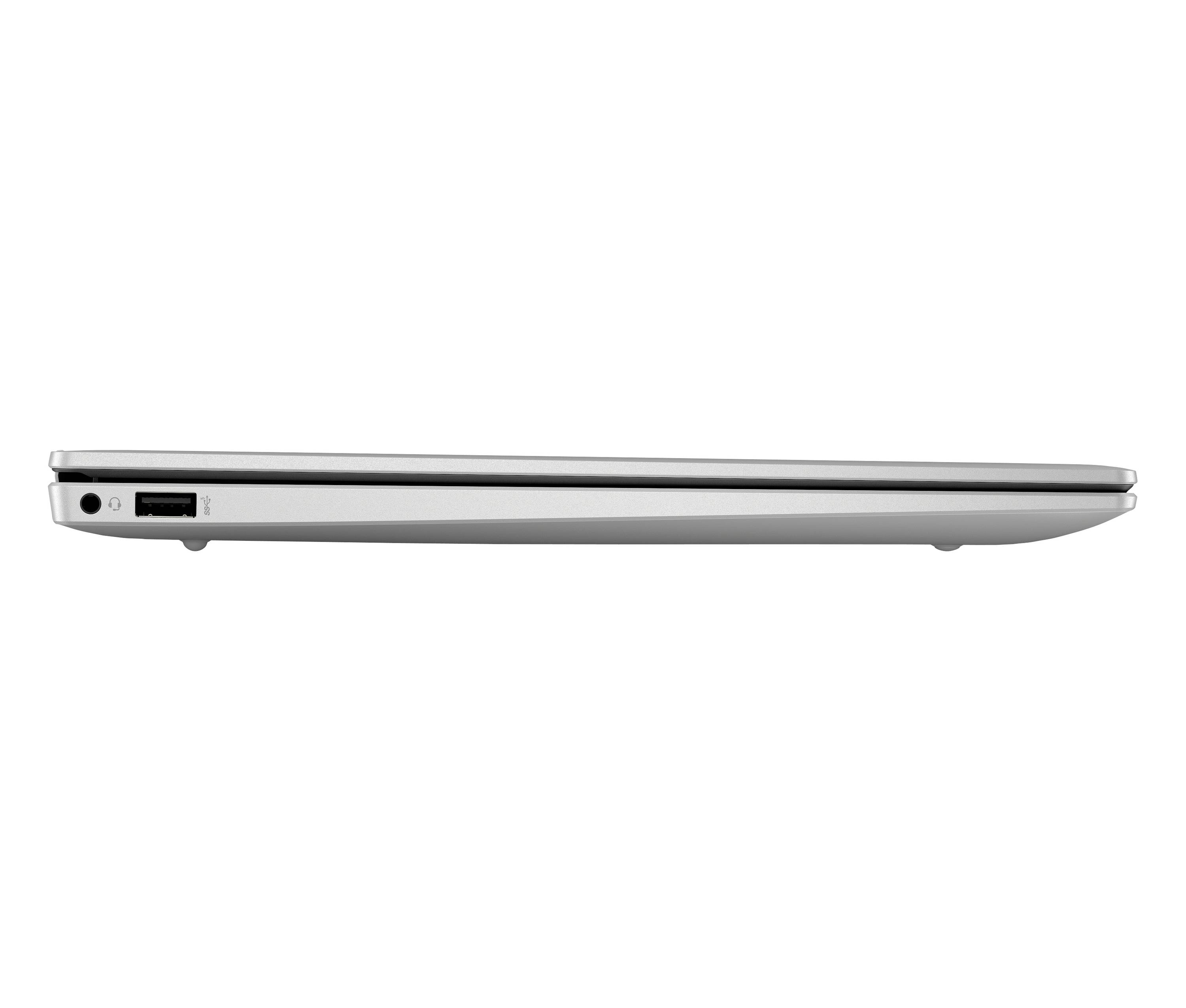 Seitenansicht eines geschlossenen silbernen Laptops, der sein dünnes Profil und die Anschlüsse auf der linken Seite vor einem weißen Hintergrund zeigt.