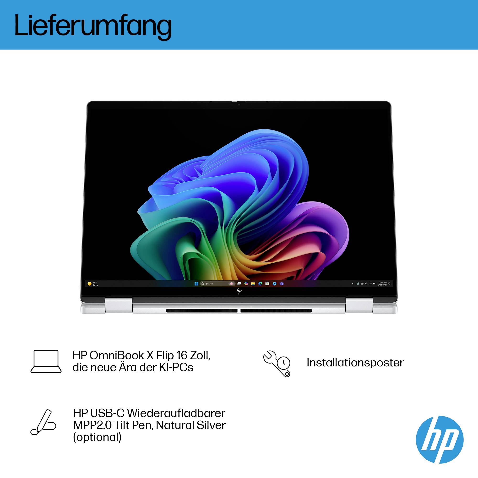 HP OmniBook X Flip 16 Zoll Laptop Paketinhalt: Notebook, optionaler HP USB-C aufladbarer Neigungsstift und Installationsplakat.