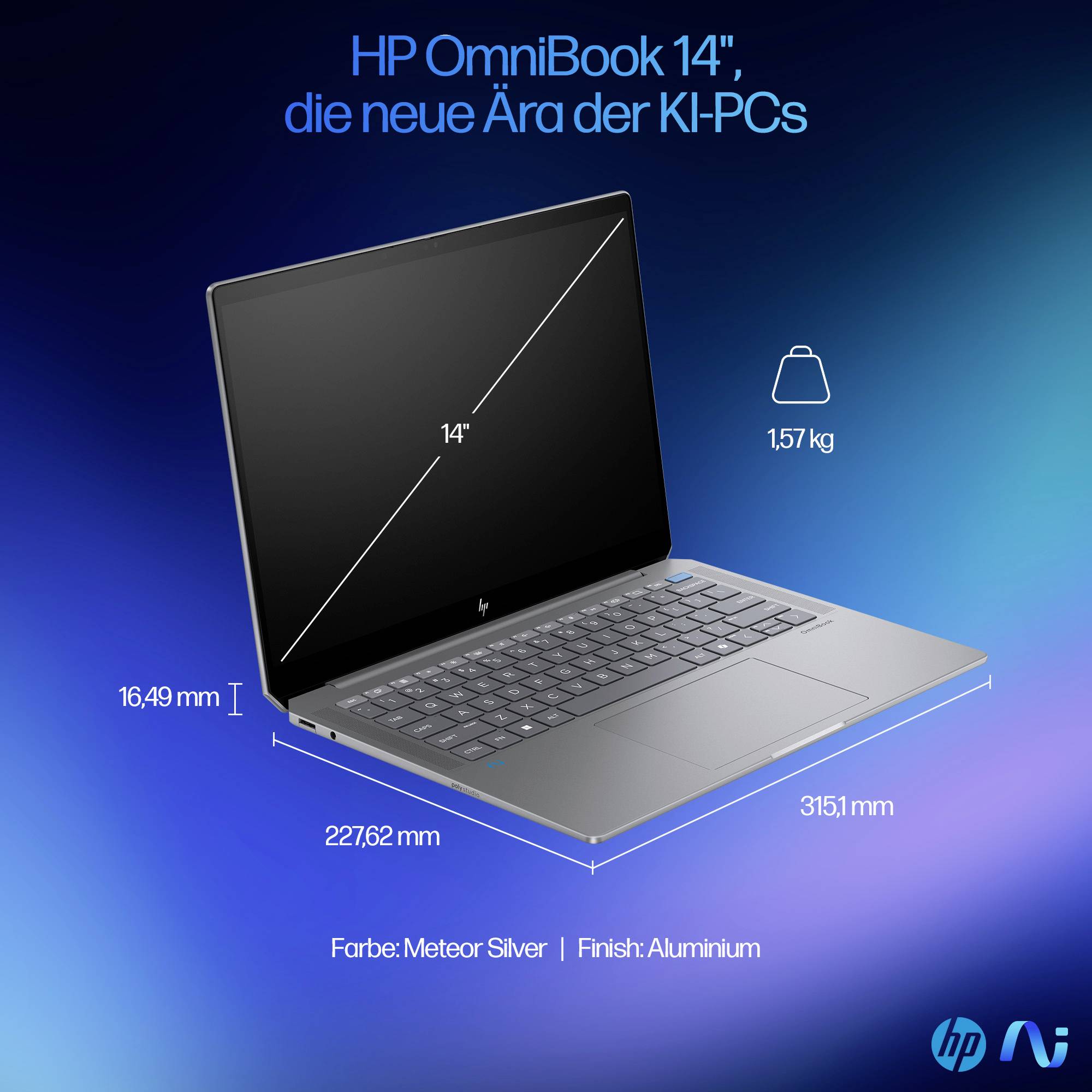 HP OmniBook 14 Laptop-Anzeige zeigt einen 14-Zoll-Meteor-Silber-Aluminium KI-PC, 1,57 kg, 16,49 mm dünn, mit Größenabmessungen und HP-Logo.