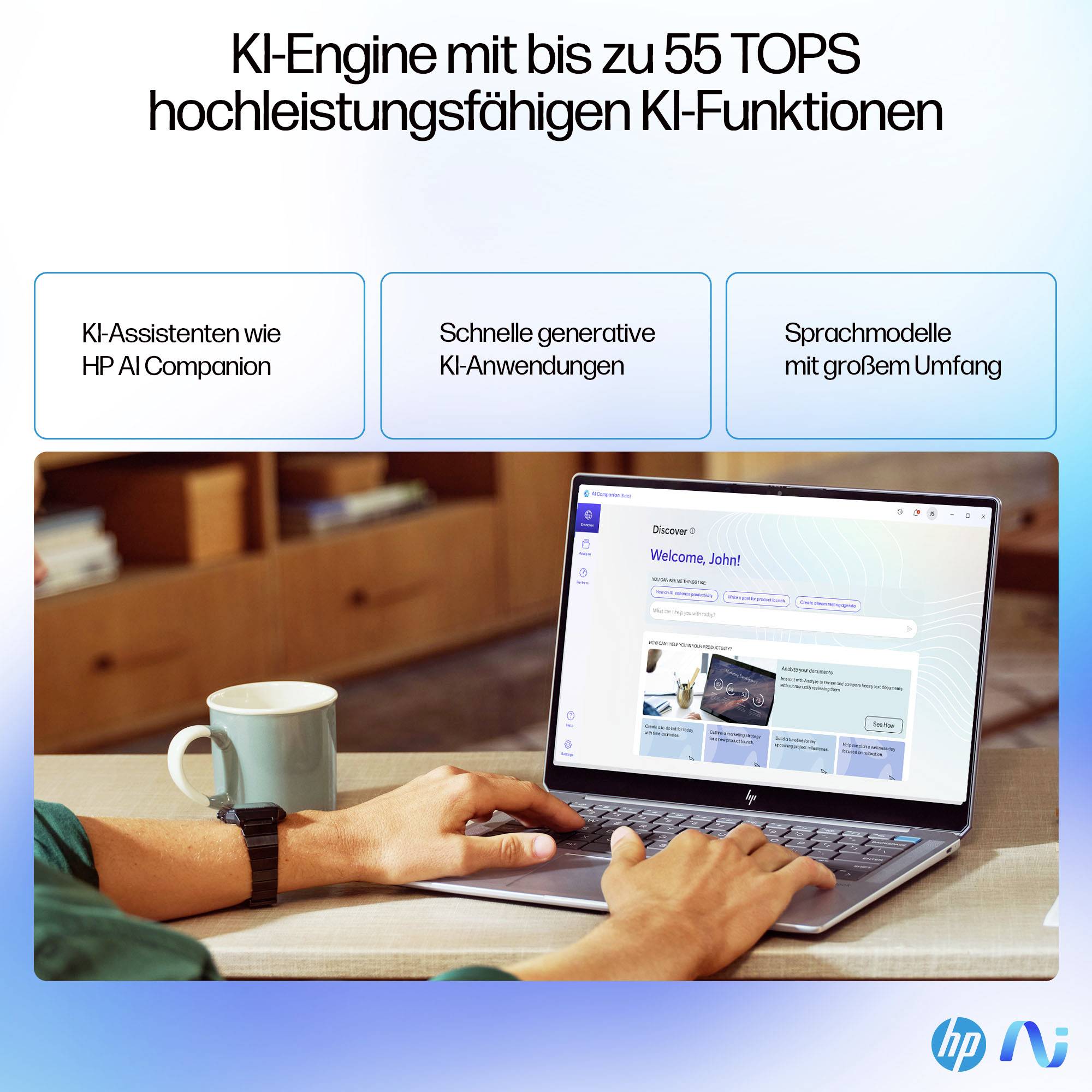 HP Laptop in Verwendung mit einem webgestützten KI-Begleiter auf dem Bildschirm; Deutsche Überschrift besagt KI-Engine mit bis zu 55 TOPS und hebt Assistent, generative Anwendungen und große Sprachmodelle hervor.