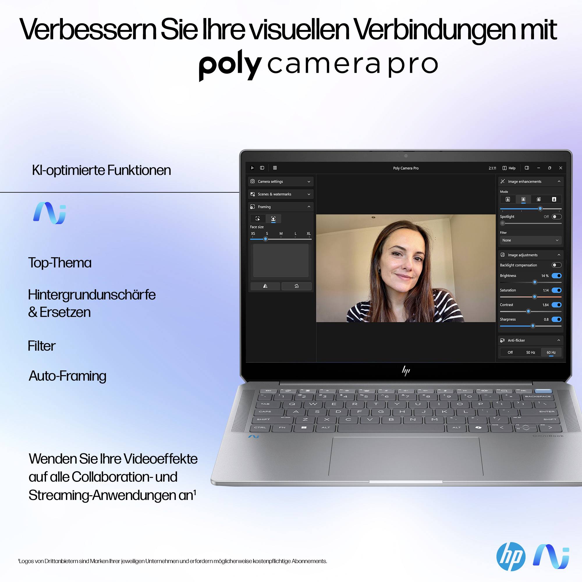 HP Poly Camera Pro Aktionswerbung zeigt einen Laptop mit Webcam-Software und eine Frau auf dem Bildschirm; deutscher Text listet KI-Funktionen wie Hintergrundunschärfe, Filter und automatische Bildausschnittanpassung auf.