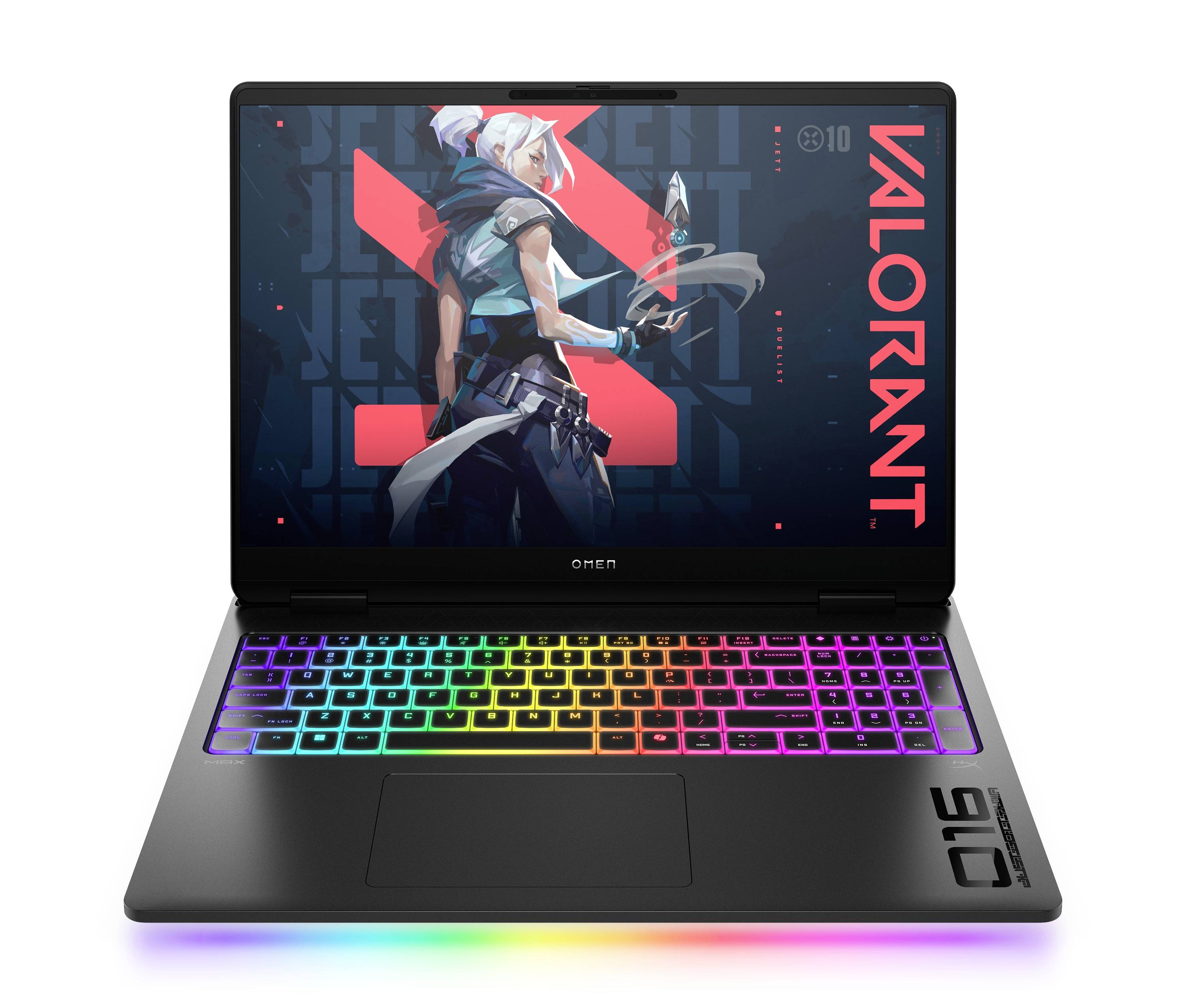Ein Gaming-Laptop mit einer farbenfrohen RGB-Tastatur und „VALORANT