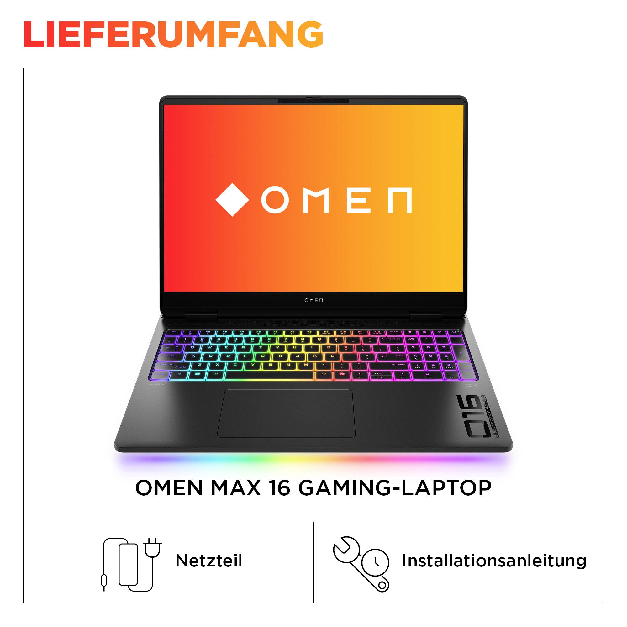 Produkt-Anzeige mit einem OMEN Max 16 Gaming-Laptop mit regenbogenfarbig beleuchteter Tastatur sowie Symbolen für „Netzteil" und „Installationsanleitung" darunter.