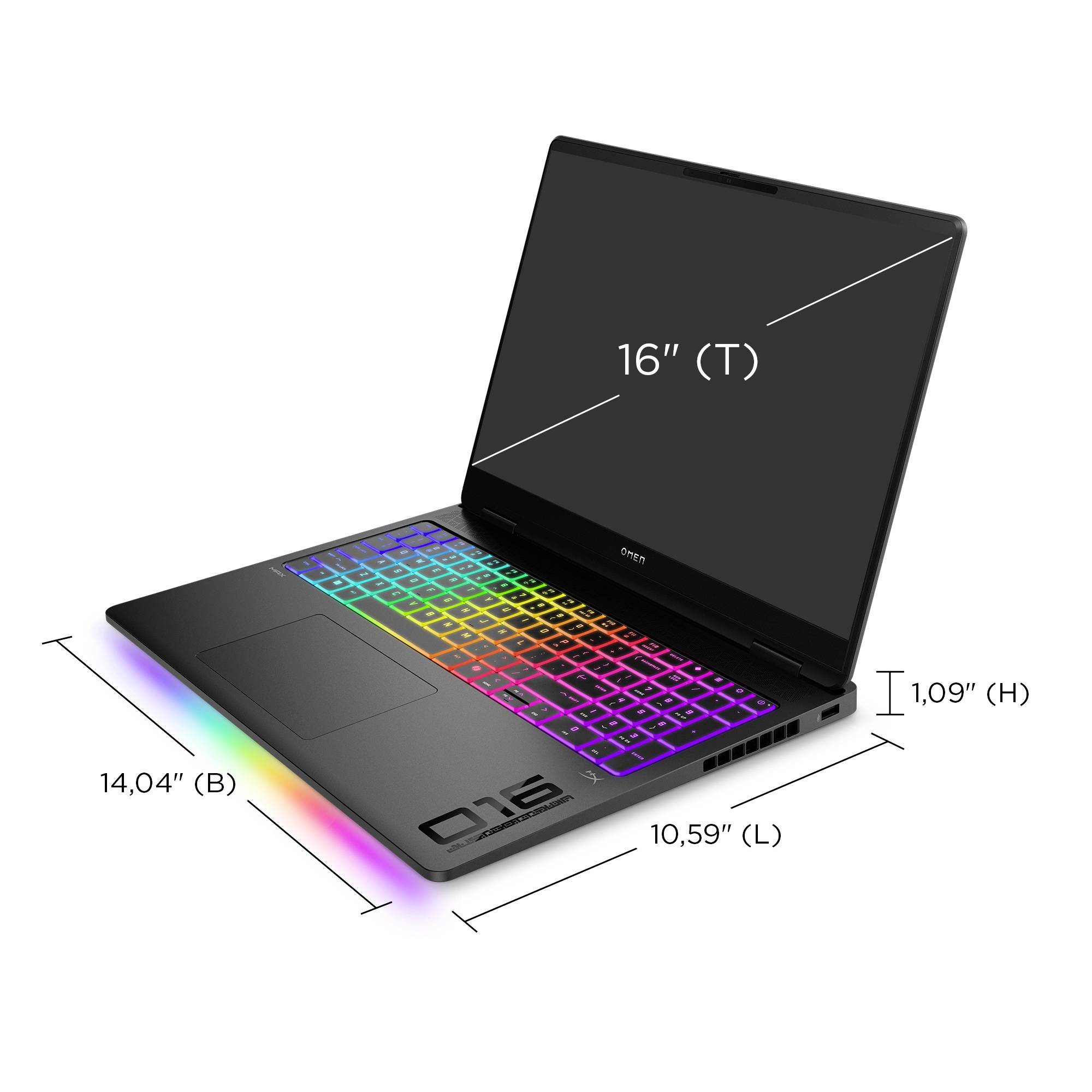 Kommentierter Laptop mit 16-Zoll-Display und Abmessungen: 14,04 Zoll Breite, 10,59 Zoll Länge und 1,09 Zoll Höhe.