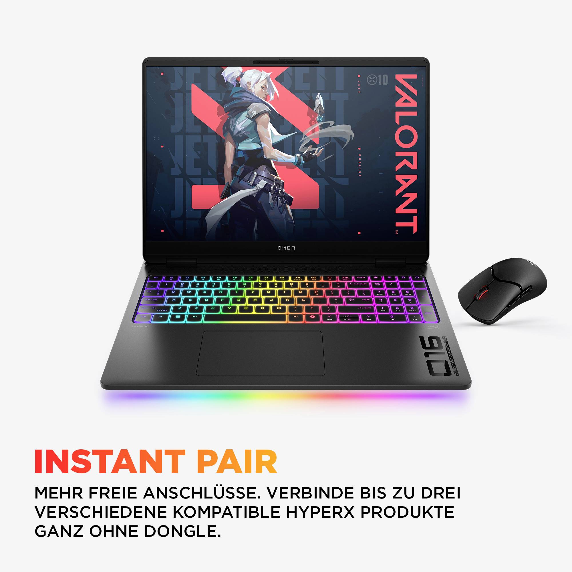 Gaming-Laptop mit regenbogenfarbig beleuchteter Tastatur und kabelloses Maus, das „Instant Pair" bewirbt, um bis zu drei kompatible HyperX-Geräte ohne Dongle zu verbinden.