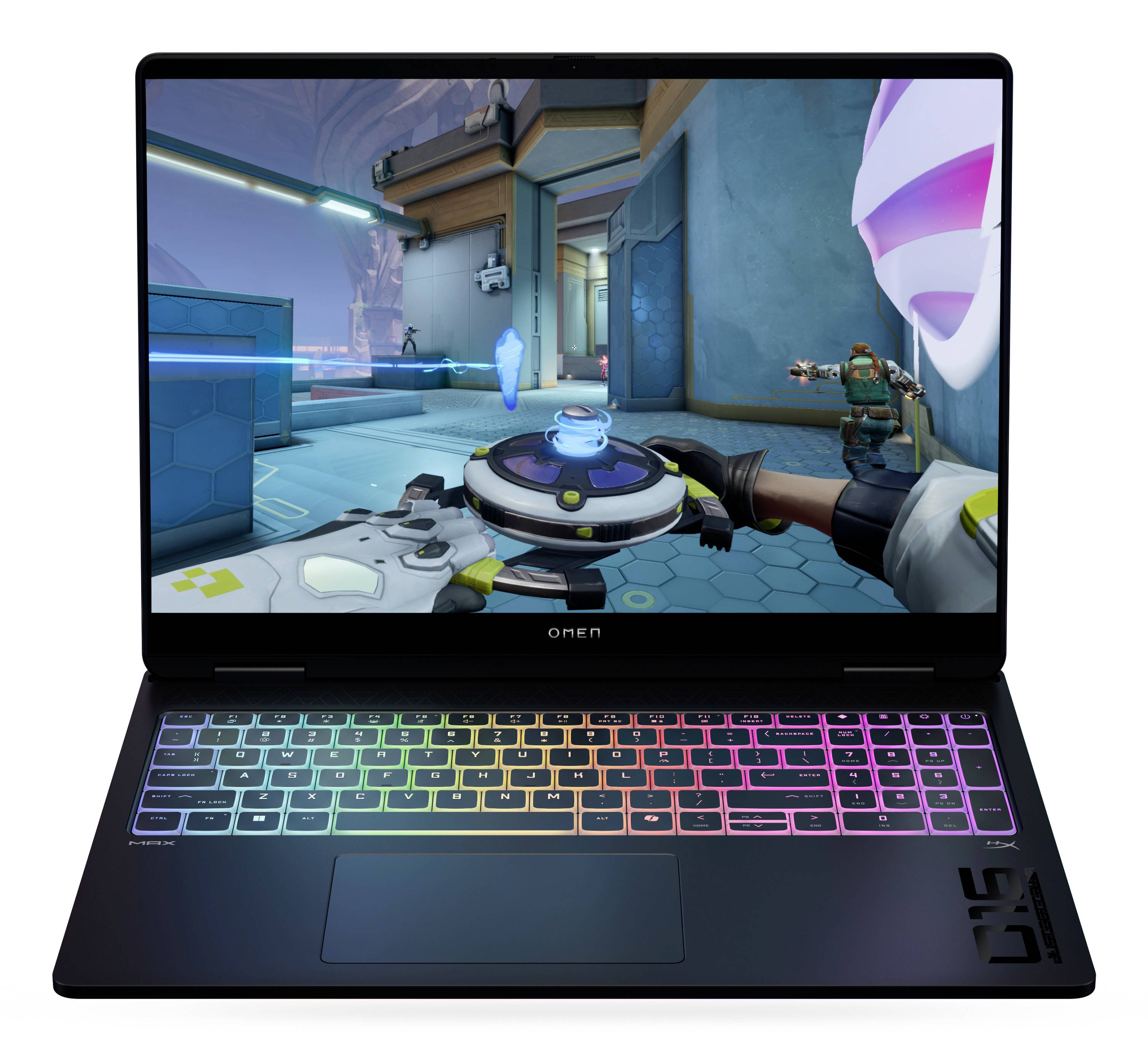 Ein Gaming-Laptop mit RGB-Hintergrundbeleuchteter Tastatur zeigt ein Ego-Shooter-Spiel auf seinem Bildschirm an.