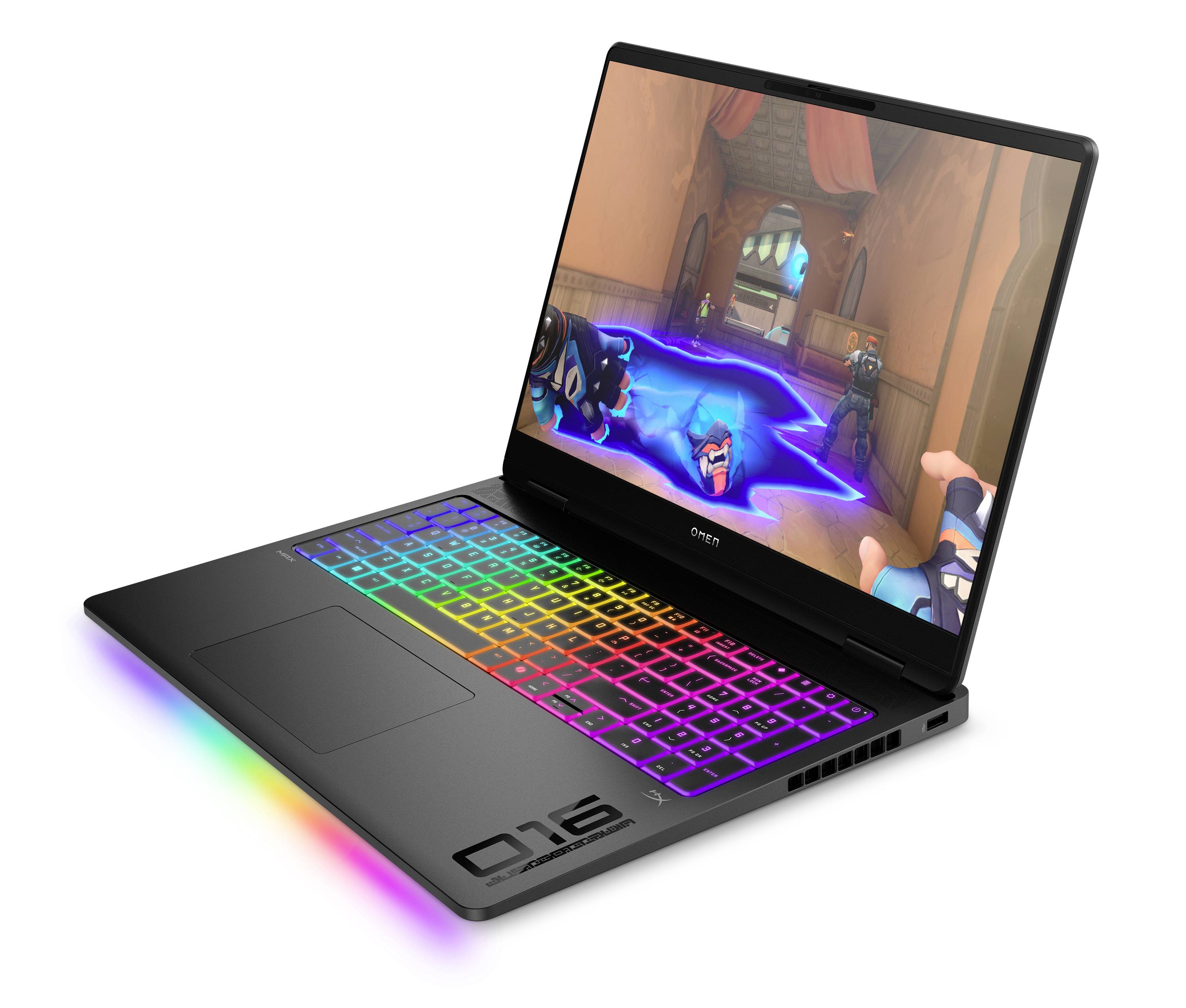 Offener Gaming-Laptop mit regenbogenfarbig beleuchteter Tastatur, das eine Egoshooter-Szene anzeigt