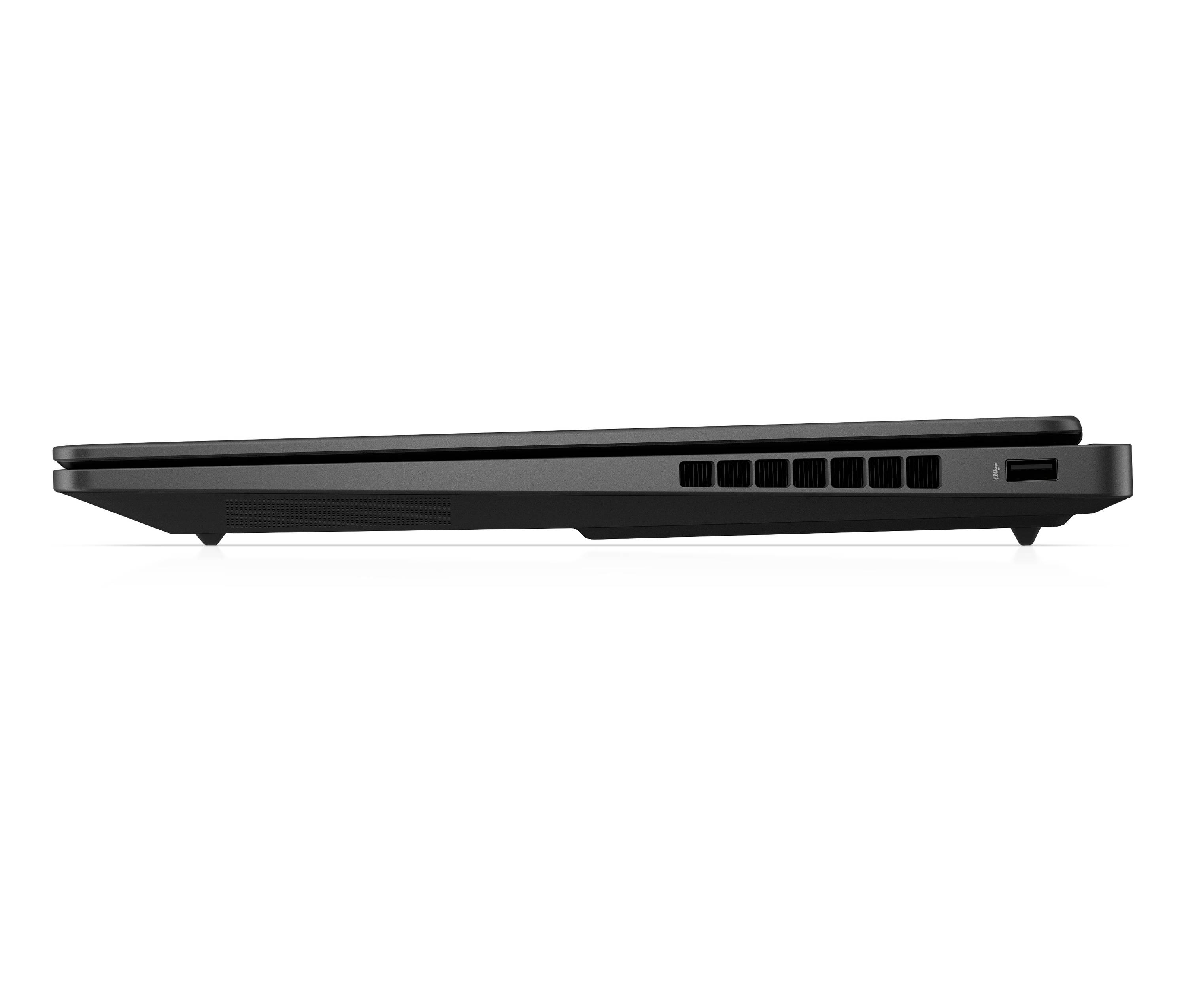 Seitenansicht eines geschlossenen schwarzen Laptops mit Seitenlüftungsschlitzen und einem Anschluss auf weißem Hintergrund.