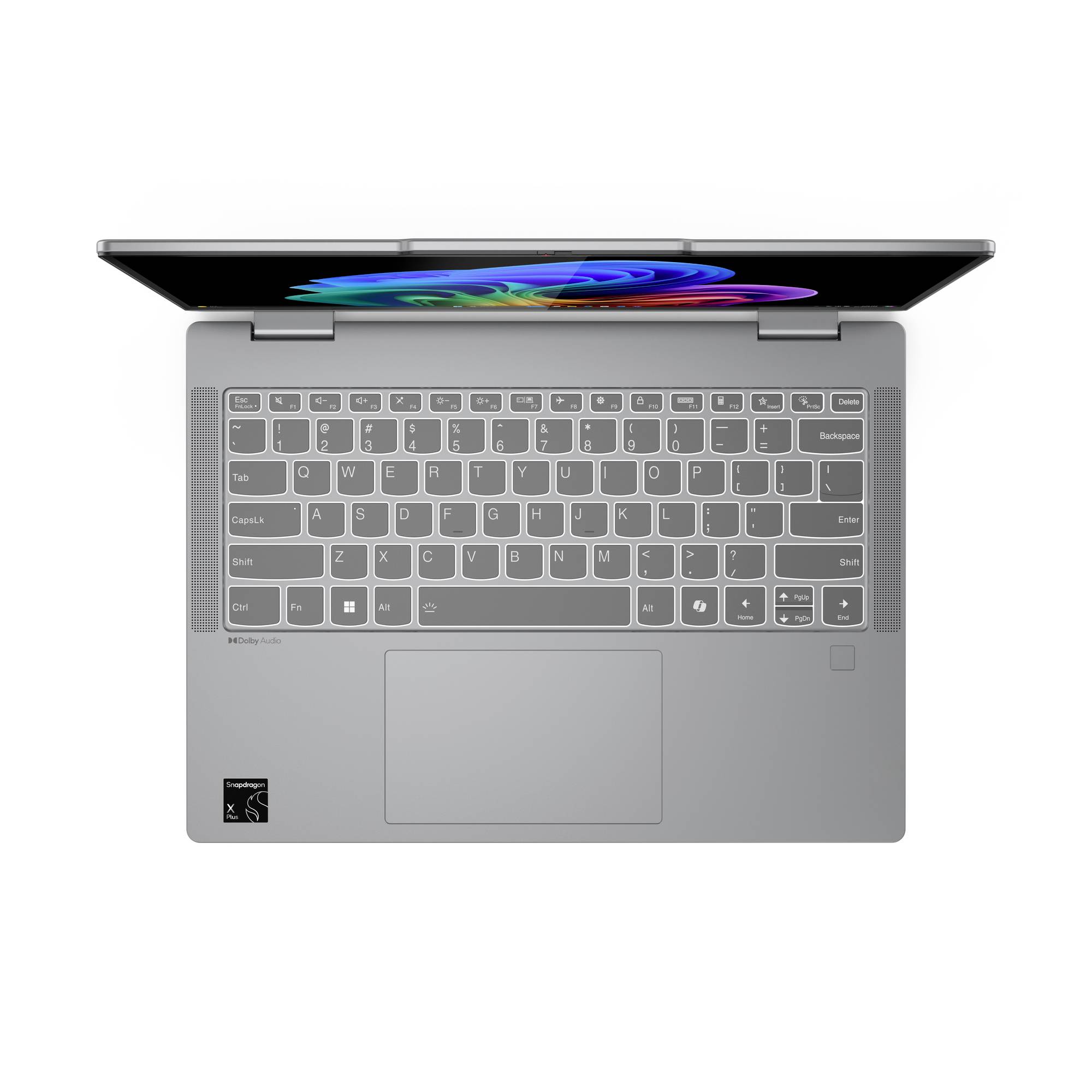 Offener grauer Laptop von oben gezeigt mit teilweise geöffnetem Bildschirm, Tastatur, Touchpad und einem kleinen Logo-Aufkleber sichtbar.