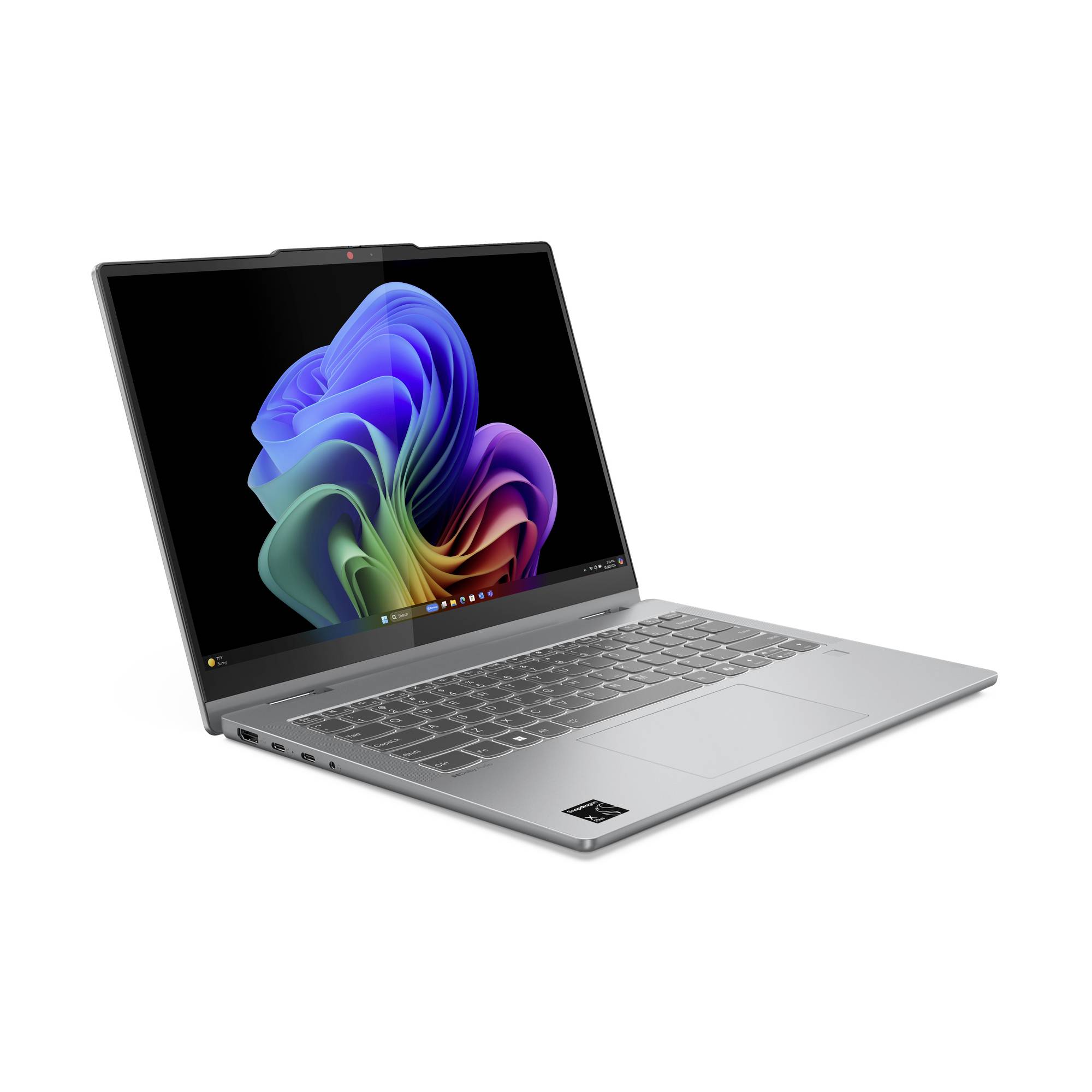 Silberner Laptop, offen im Winkel gezeigt, mit einem farbenfrohen abstrakten Wirbel-Hintergrundbild auf einem schwarzen Bildschirm.