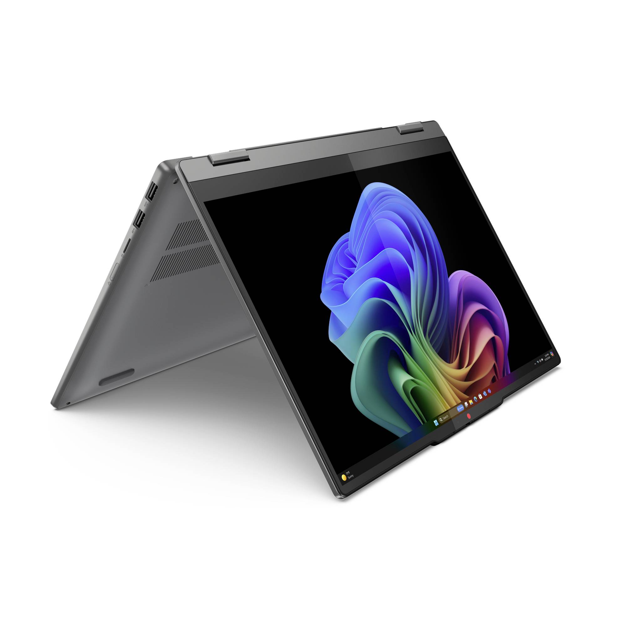 2-in-1-Laptop im Zeltmodus mit einem Touchscreen, der eine farbenfrohe abstrakte Windows-ähnliche Tapete auf weißem Hintergrund anzeigt.