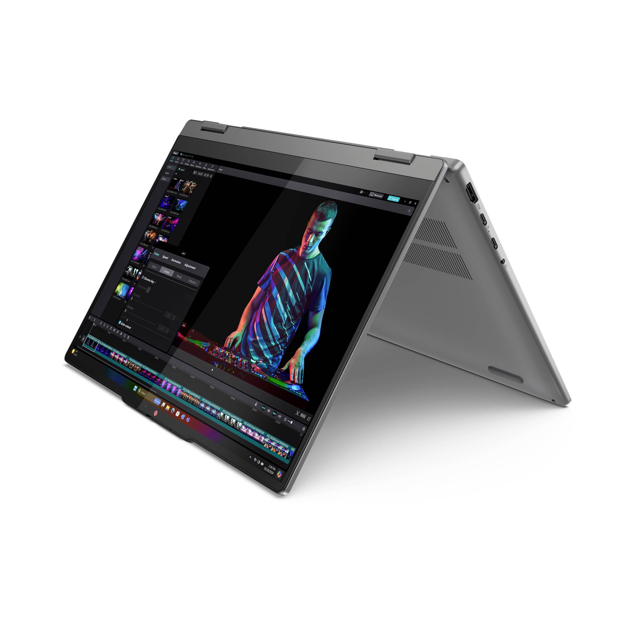 Tragbarer Convertible-Laptop im Zeltmodus auf der Anzeige, der Videobearbeitungssoftware mit einer farbigen Figur auf dem Bildschirm zeigt.