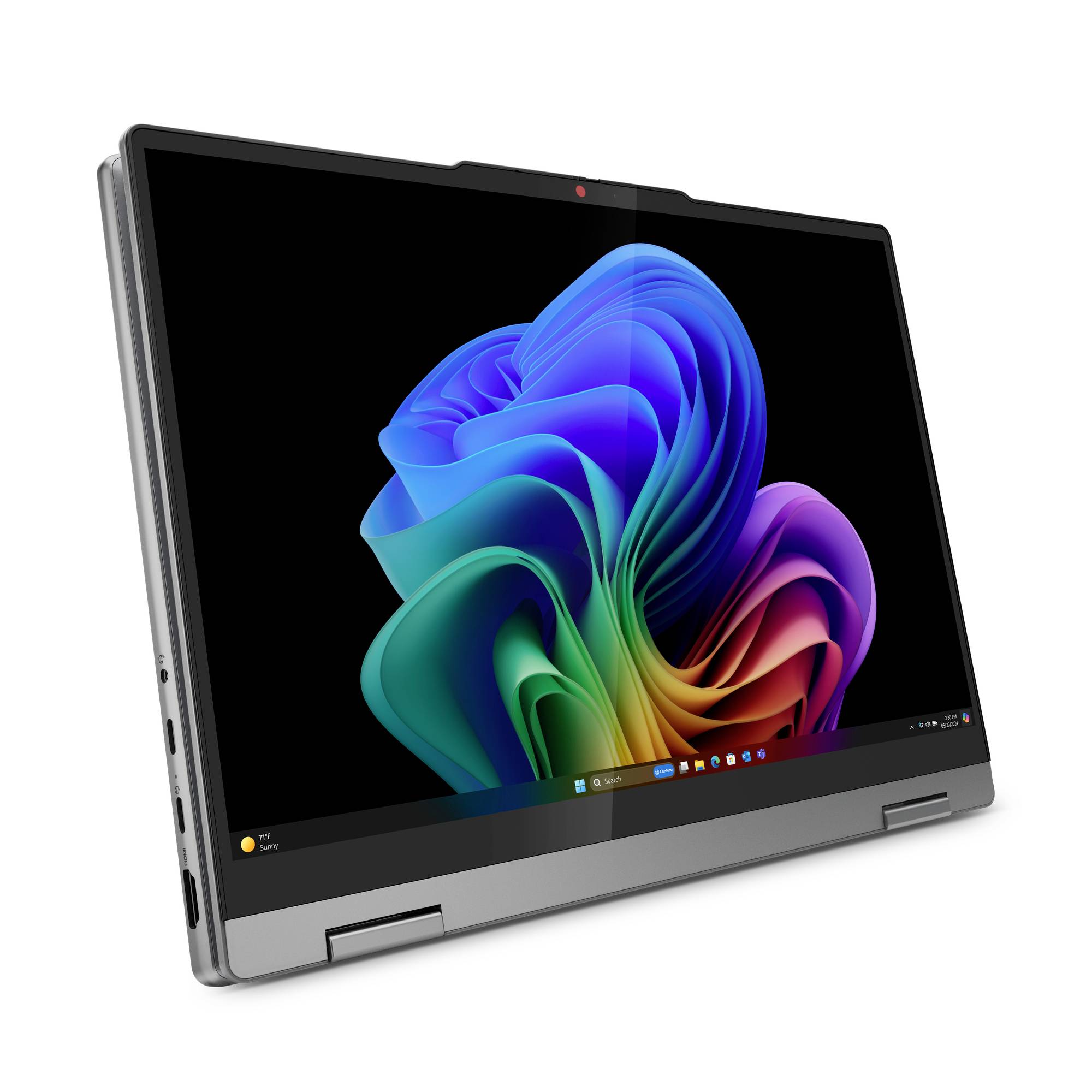 Silberner 2-in-1-Laptop im Zeltmodus, auf dem Bildschirm eine farbenfrohe abstrakte Windows-11-Hintergrund dargestellt wird.
