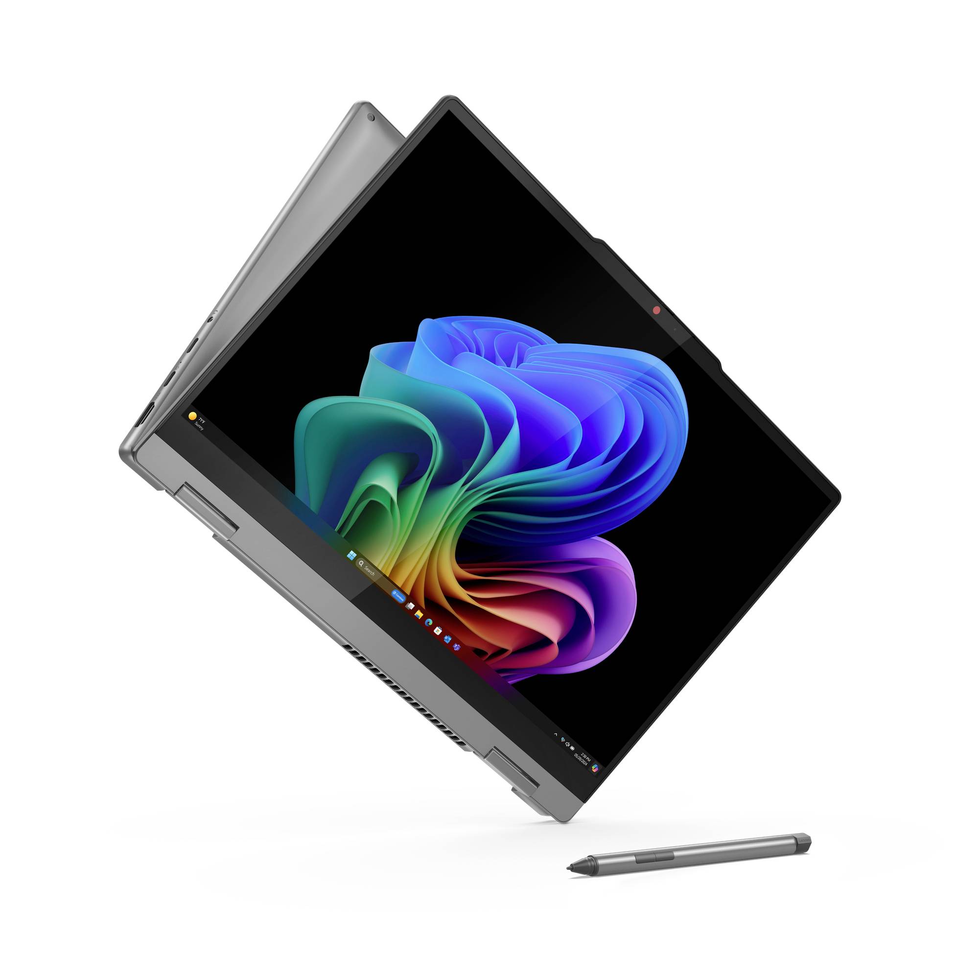 Konvertibles Touchscreen-Laptop/Tablet aufgeklappt mit farbenfrohem abstraktem Hintergrund und Stylus daneben auf weißem Untergrund.