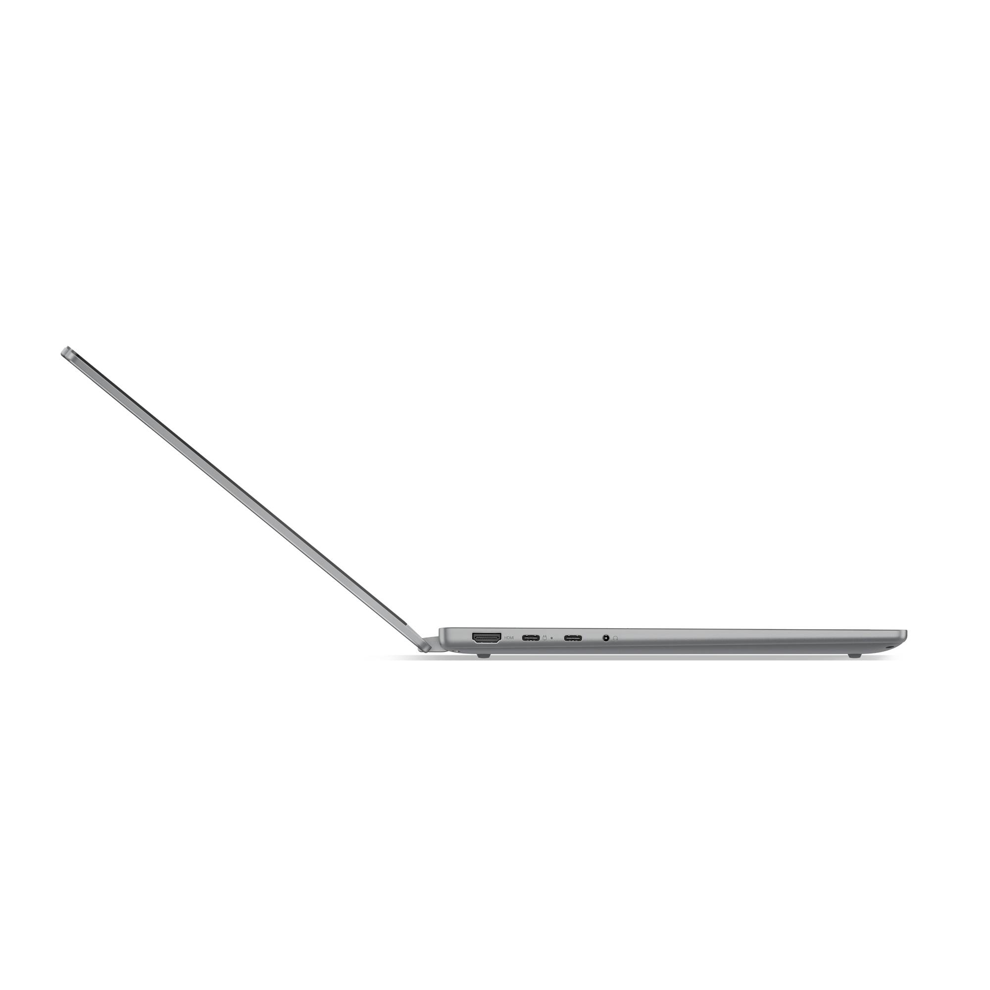 Seitenansicht eines dünnen Laptops, der teilweise geöffnet ist und die Tastaturablage und das abgewinkelte Displaygelenk auf weißem Hintergrund zeigt.