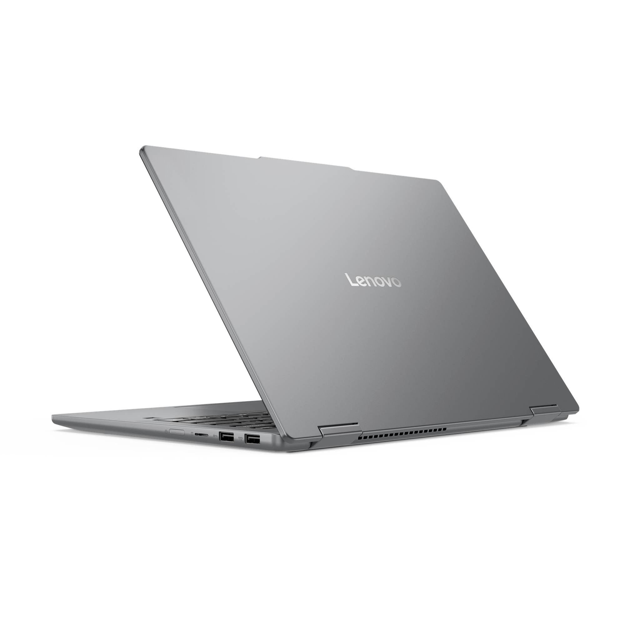 Silbernes Lenovo-Laptop in geschlossenem Zustand in Seitenansicht auf weißem Hintergrund.