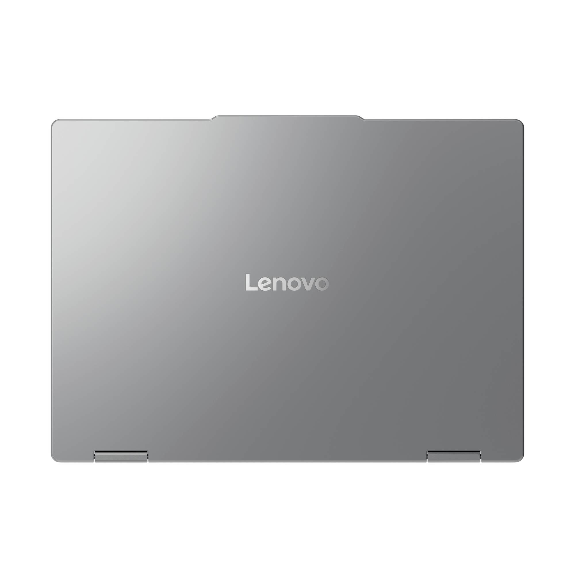 Geschlossener grauer Lenovo-Laptop mit Deckel zu und zentriertem Logo auf einfachem weißem Hintergrund.