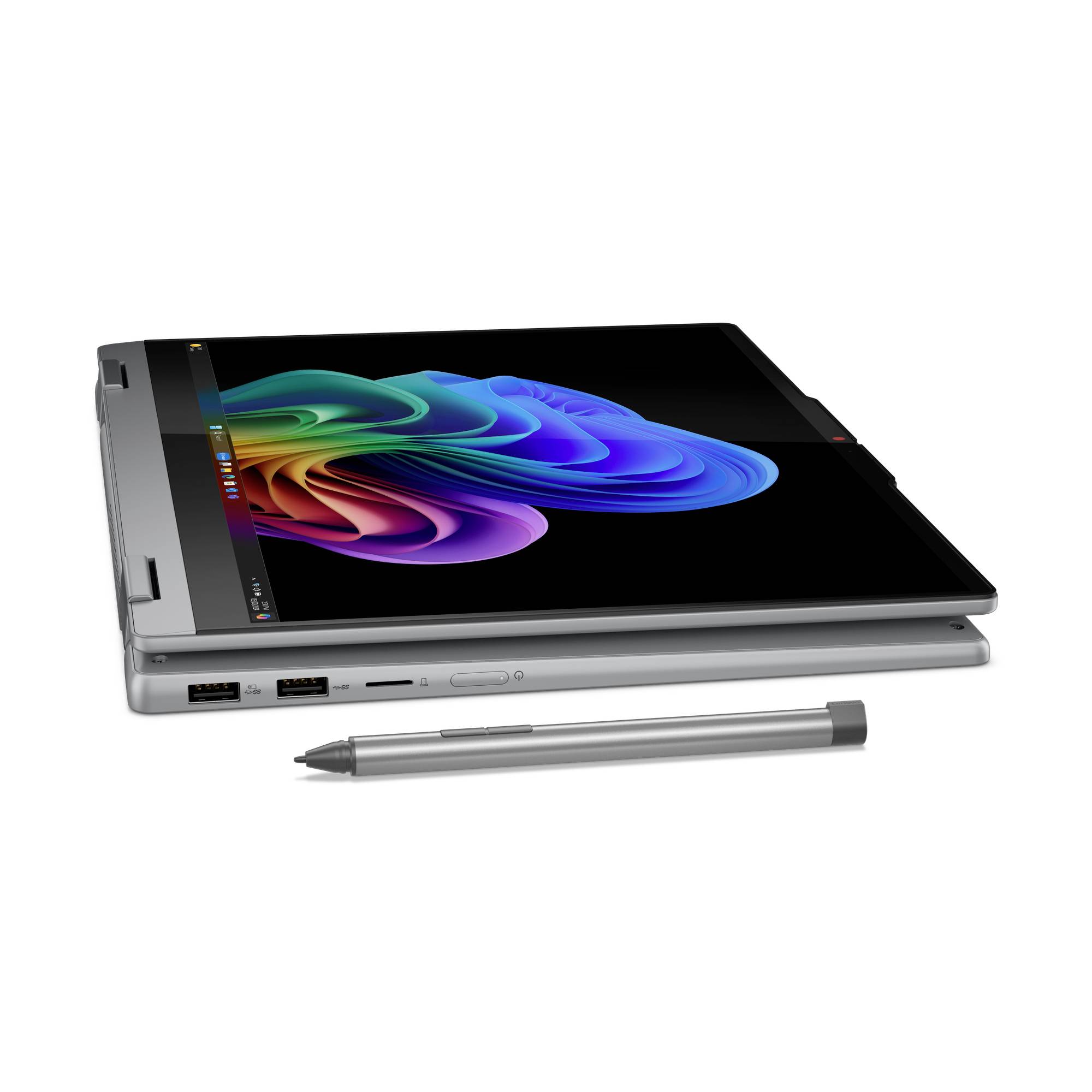 Ein silberner 2-in-1-Laptop im Tablet-Modus mit einem bunten abstrakten Bildschirm, gezeigt mit einem Stift davor.
