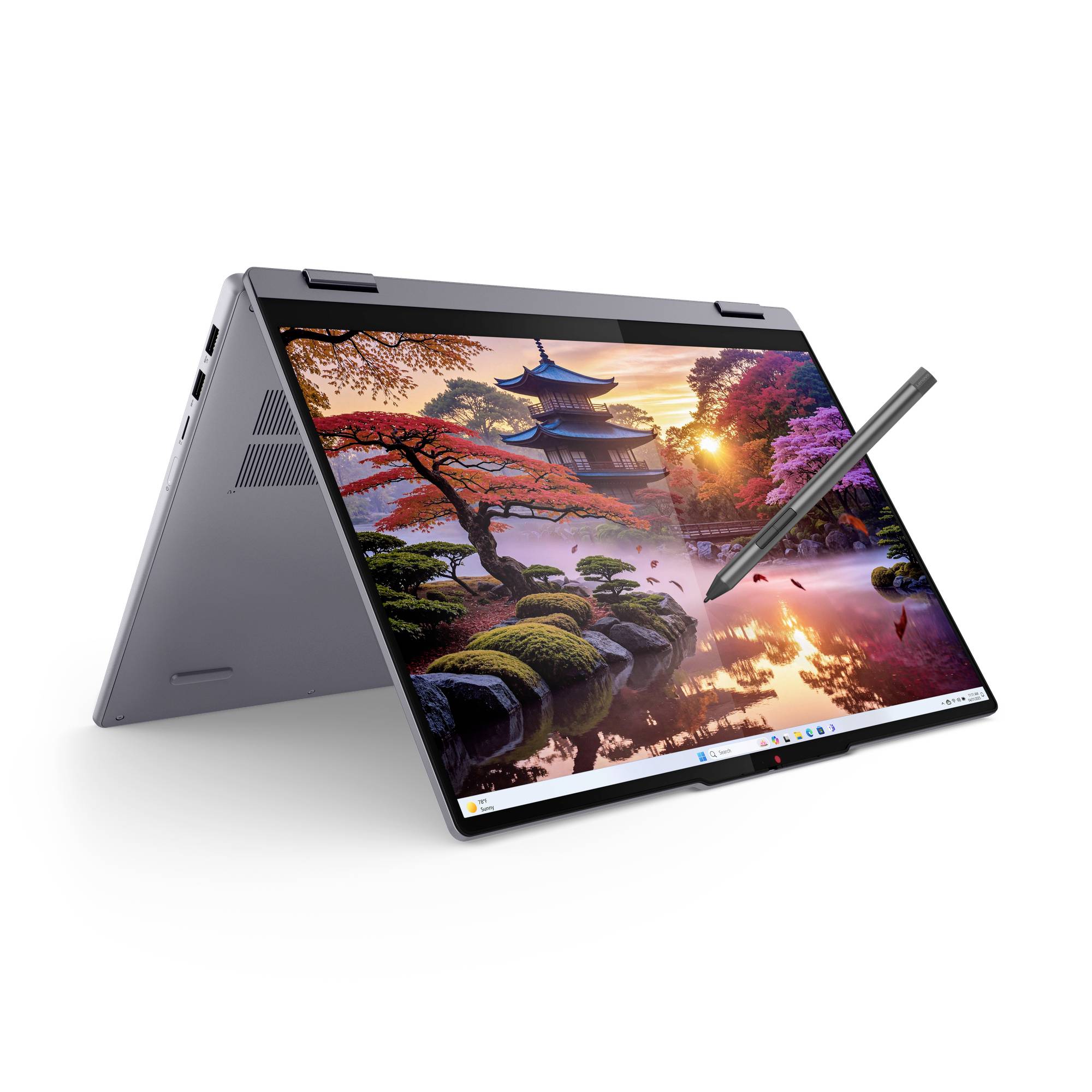 2-in-1-Laptop im Zeltmodus mit einem Stift, der den Touchscreen berührt, zeigt eine farbenfrohe japanische Garten- und Tempelszene.