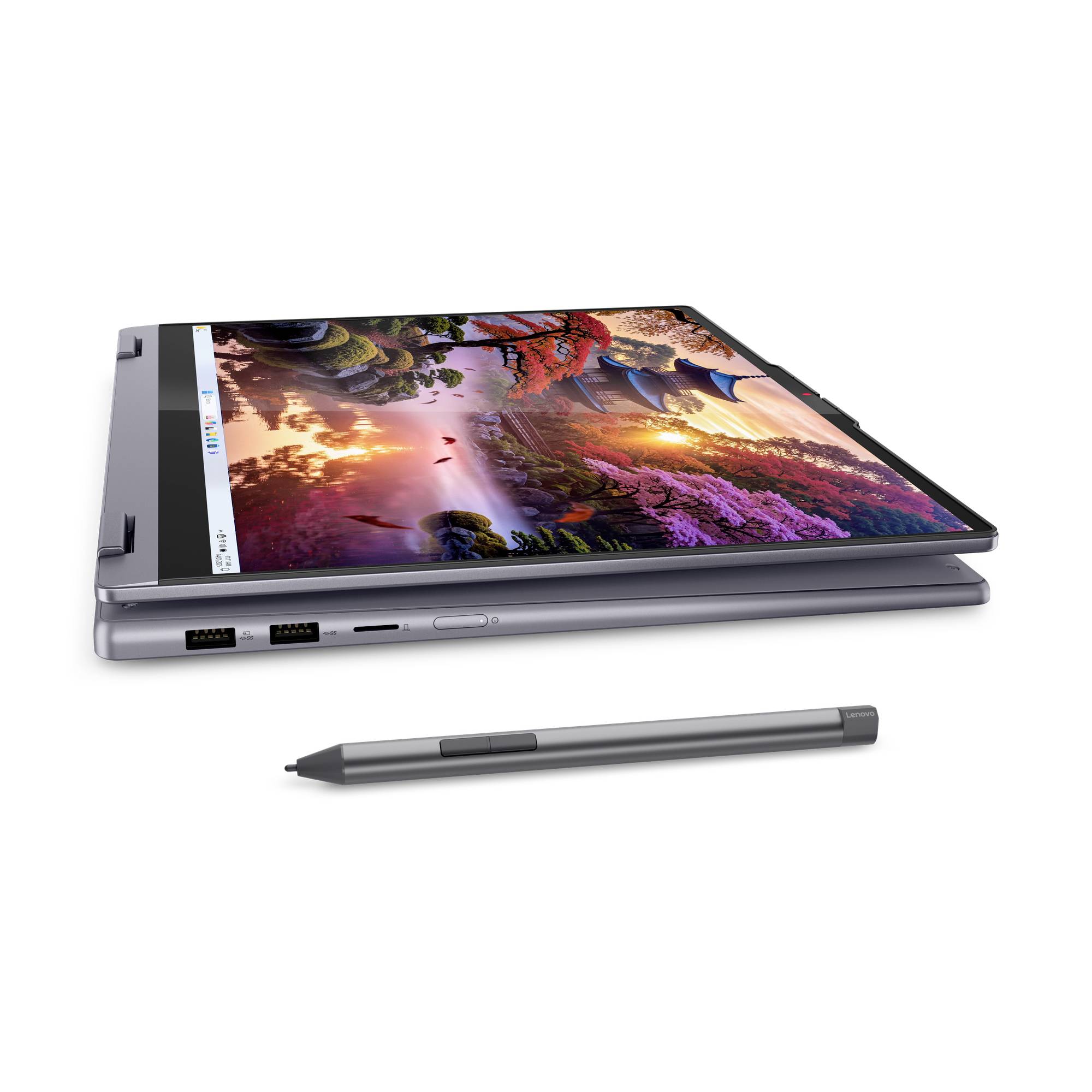 Ein 2-in-1-Laptop, geschlossen im Tablet-Modus dargestellt, mit einem Stylus darunter, zeigt eine bunte Landschaft auf dem Bildschirm.