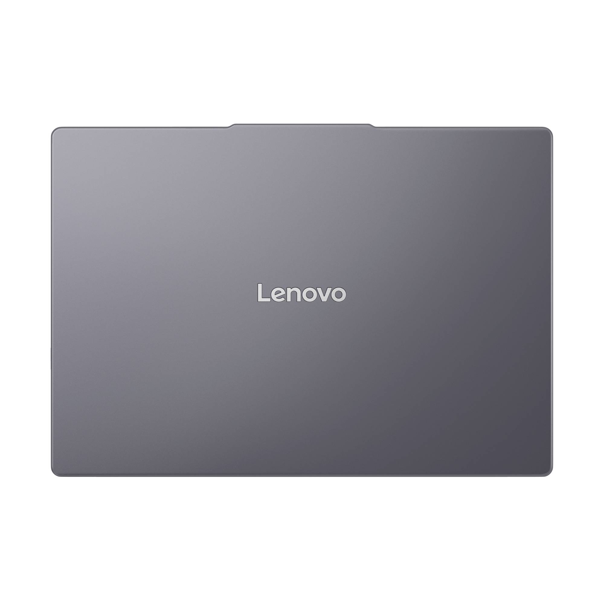Geschlossener grauer Lenovo-Laptop von oben auf weißem Hintergrund fotografiert, mit dem Lenovo-Logo zentriert auf dem Deckel.