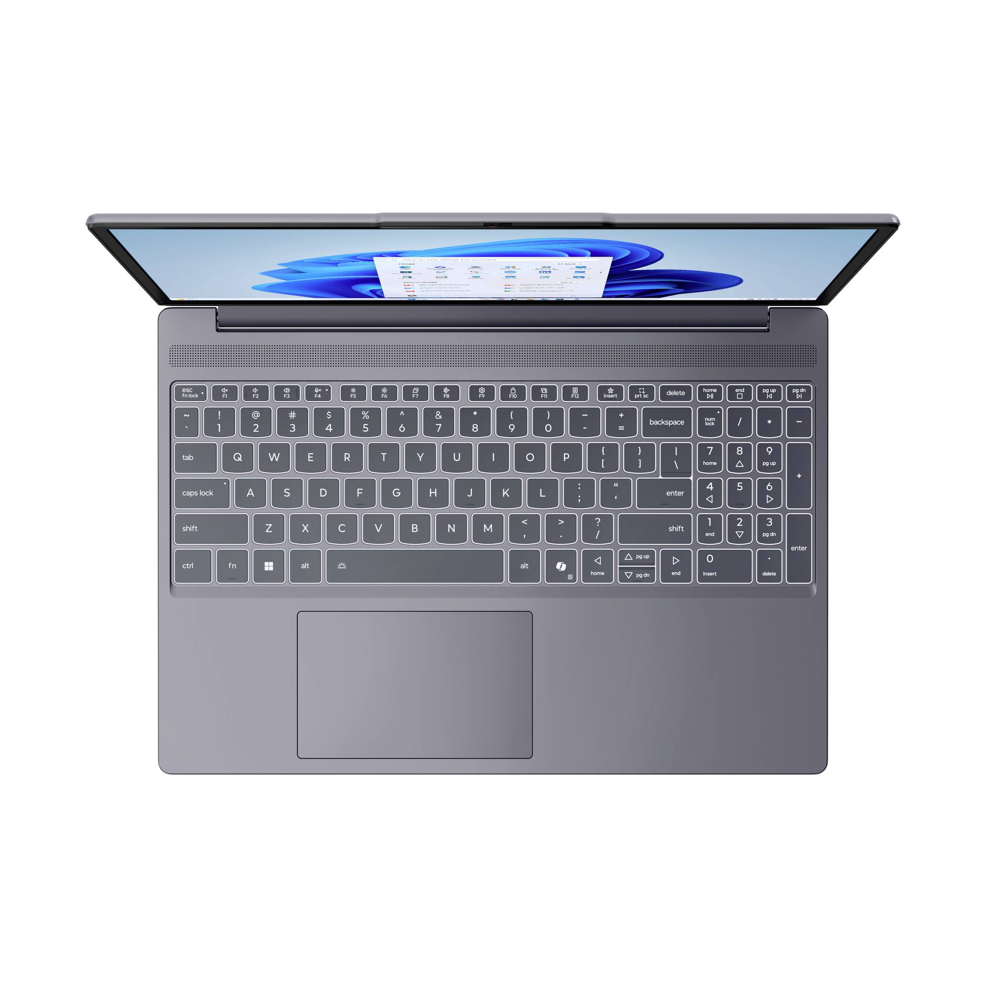 Laptop von oben geöffnet, zeigt Tastatur, großes Touchpad und Bildschirm mit blauem Windows-ähnlichen Hintergrundbild und einem kleinen zentrierten Fenster.