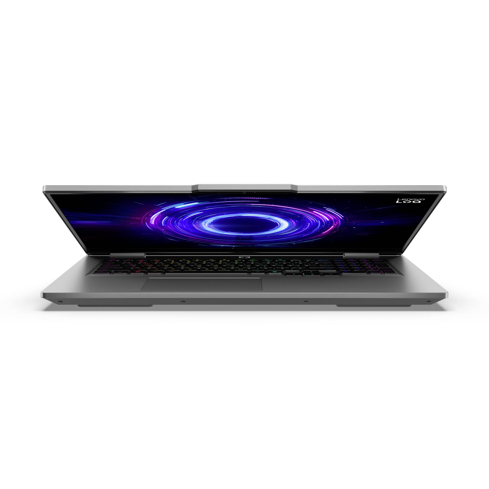 Laptop mit einem violetten kreisförmigen Lichtmuster auf dem Bildschirm, frontal vor weißem Hintergrund gezeigt.