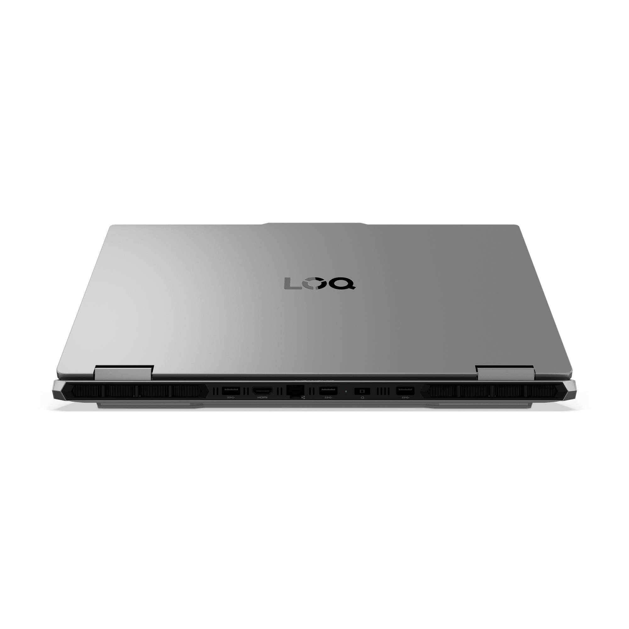 Geschlossener grauer LOQ-Laptop von hinten gezeigt, mit sichtbaren Anschlüssen auf der Rückseite auf weißem Hintergrund.