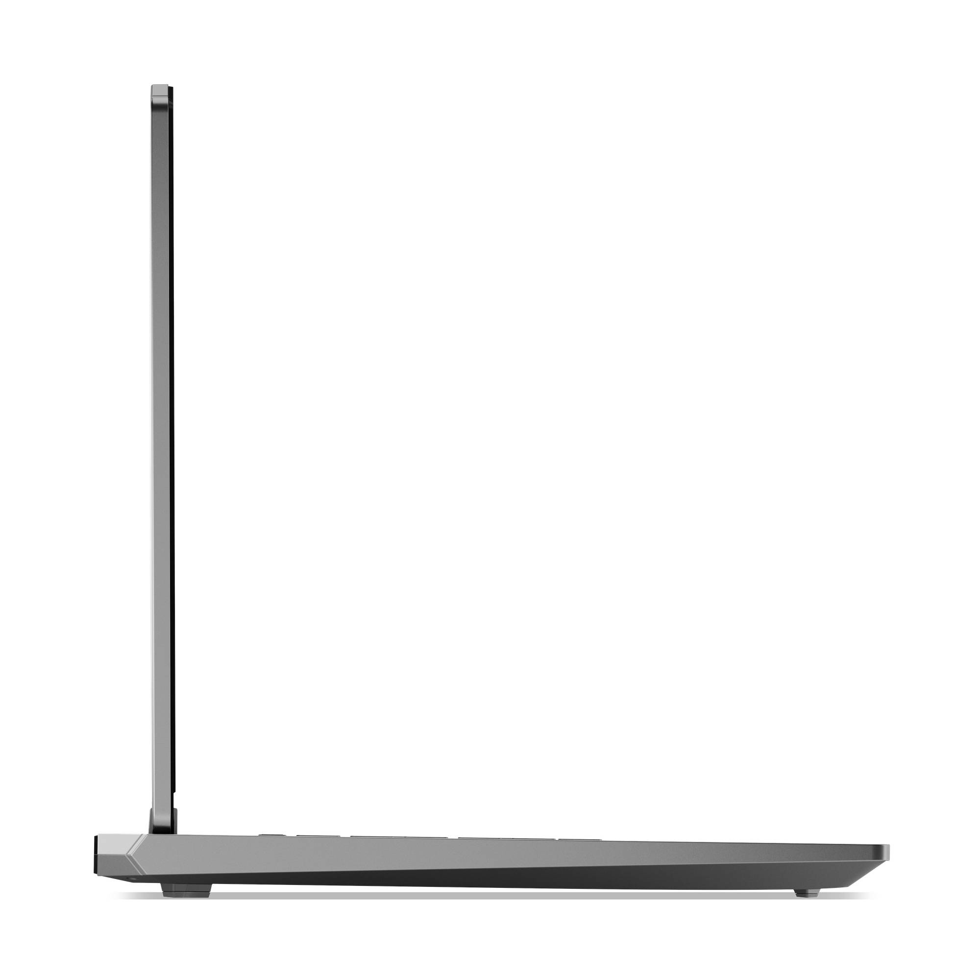 Schlanker schwarzer Laptop in Seitenansicht mit vertikal geöffnetem Deckel, der sein dünnes Profil und die Basis betont.