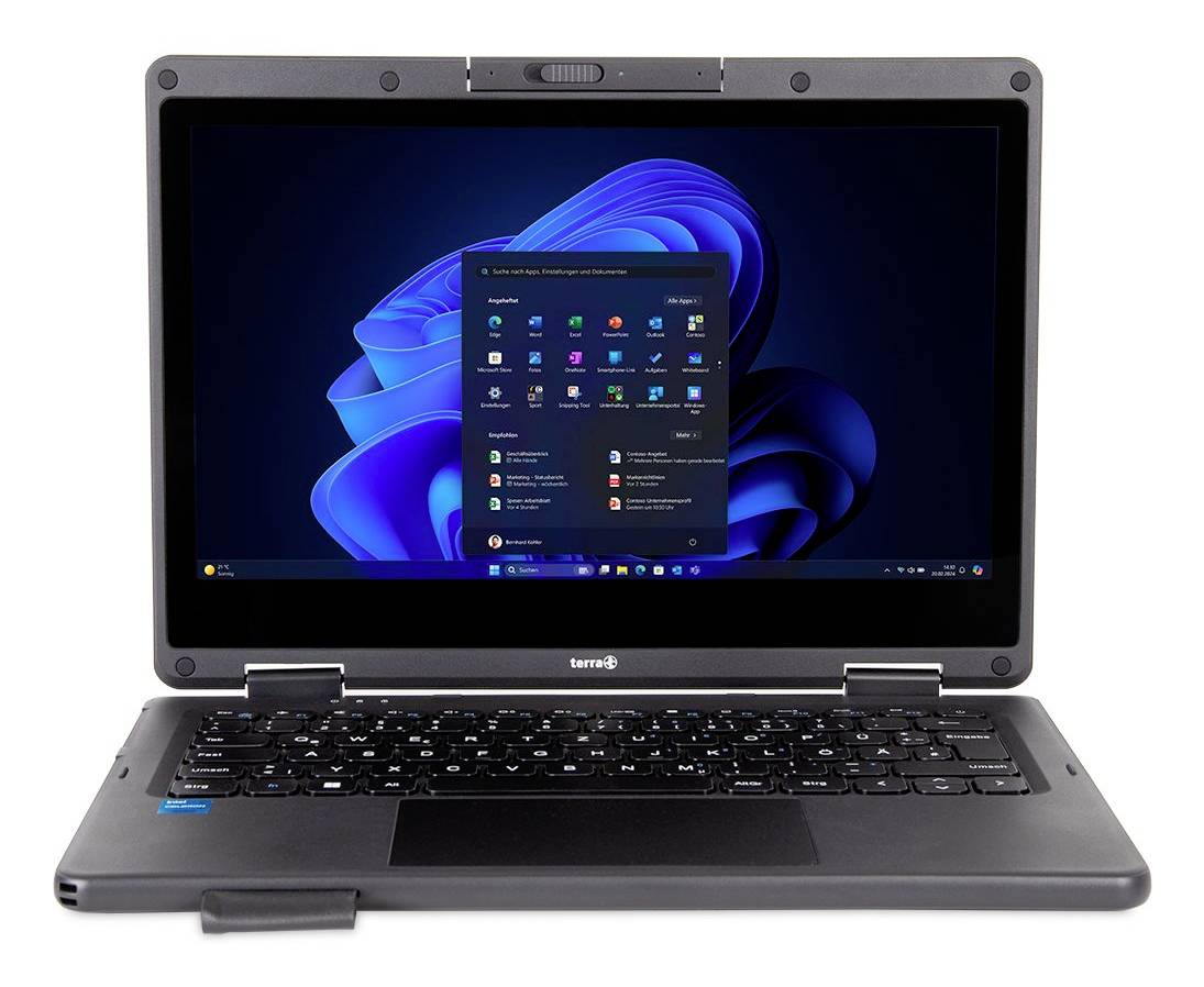 Ein robustes Laptop mit Windows 11 geöffnet, das Startmenü auf einem blauen abstrakten Desktop-Hintergrund angezeigt.