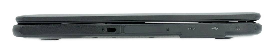 Seitenansicht eines geschlossenen schwarzen Laptops, die das dünne Profil und die Vorderkante mit Anschlüssen und Kontrollleuchten zeigt.